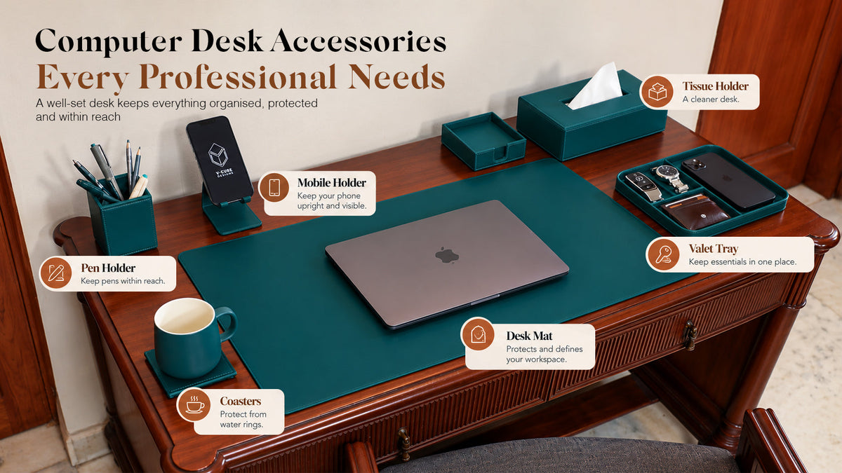 A complete professional workstation featuring essential computer desk accessories by V Cube Designs.