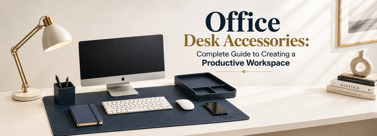 Office desk accessories for creating a productive workspace with a desk mat, organiser tray, keyboard, mouse, notebook and monitor.