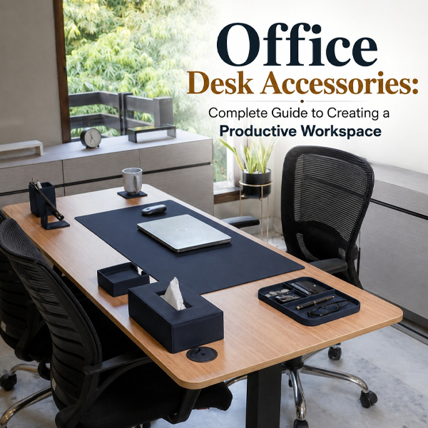 A complete setup of essential office desk accessories including a desk mat and pen holder on a wooden workstation.