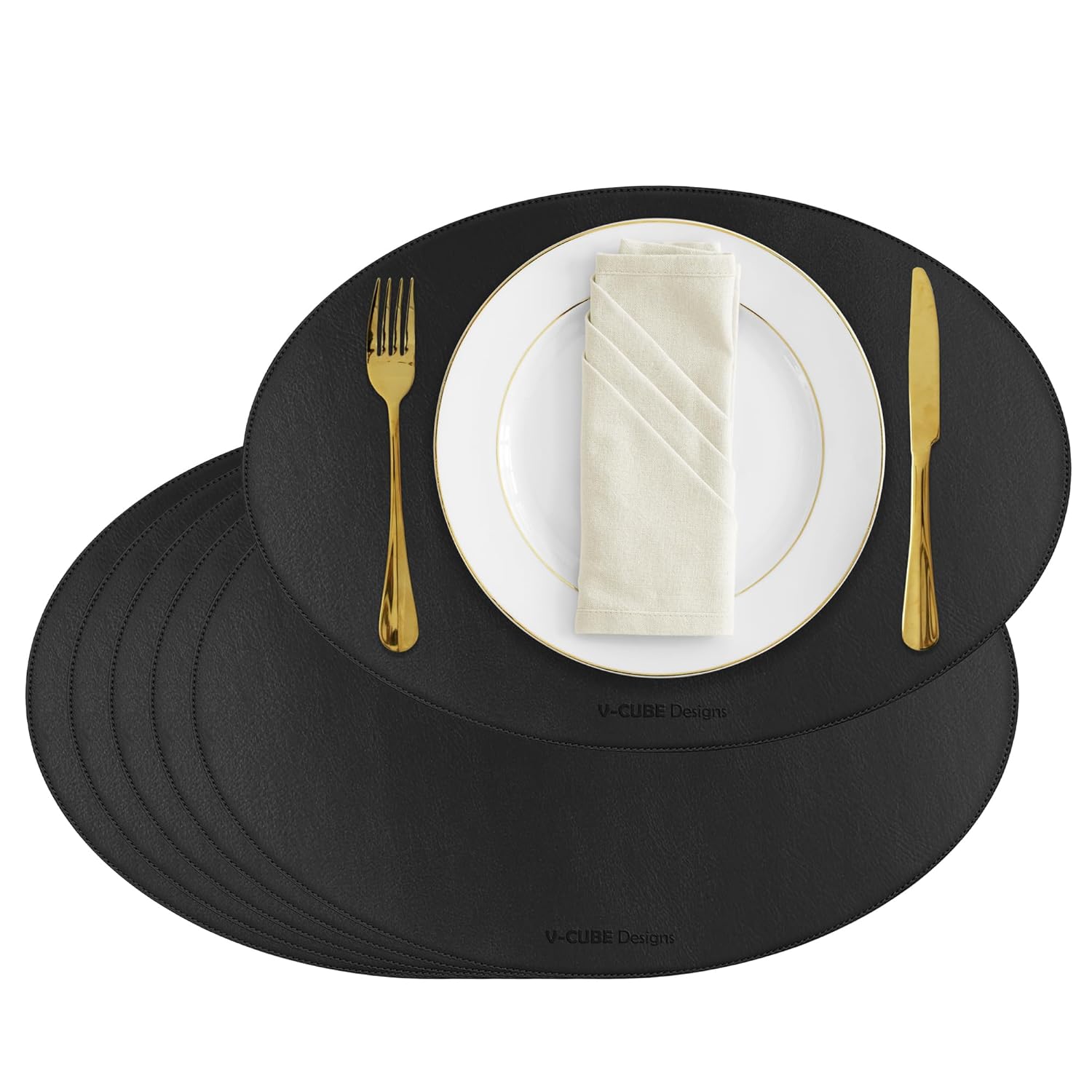 V-CUBE Designs Premium Vegan Leather Dining Table Placemats Set of 6 - Black