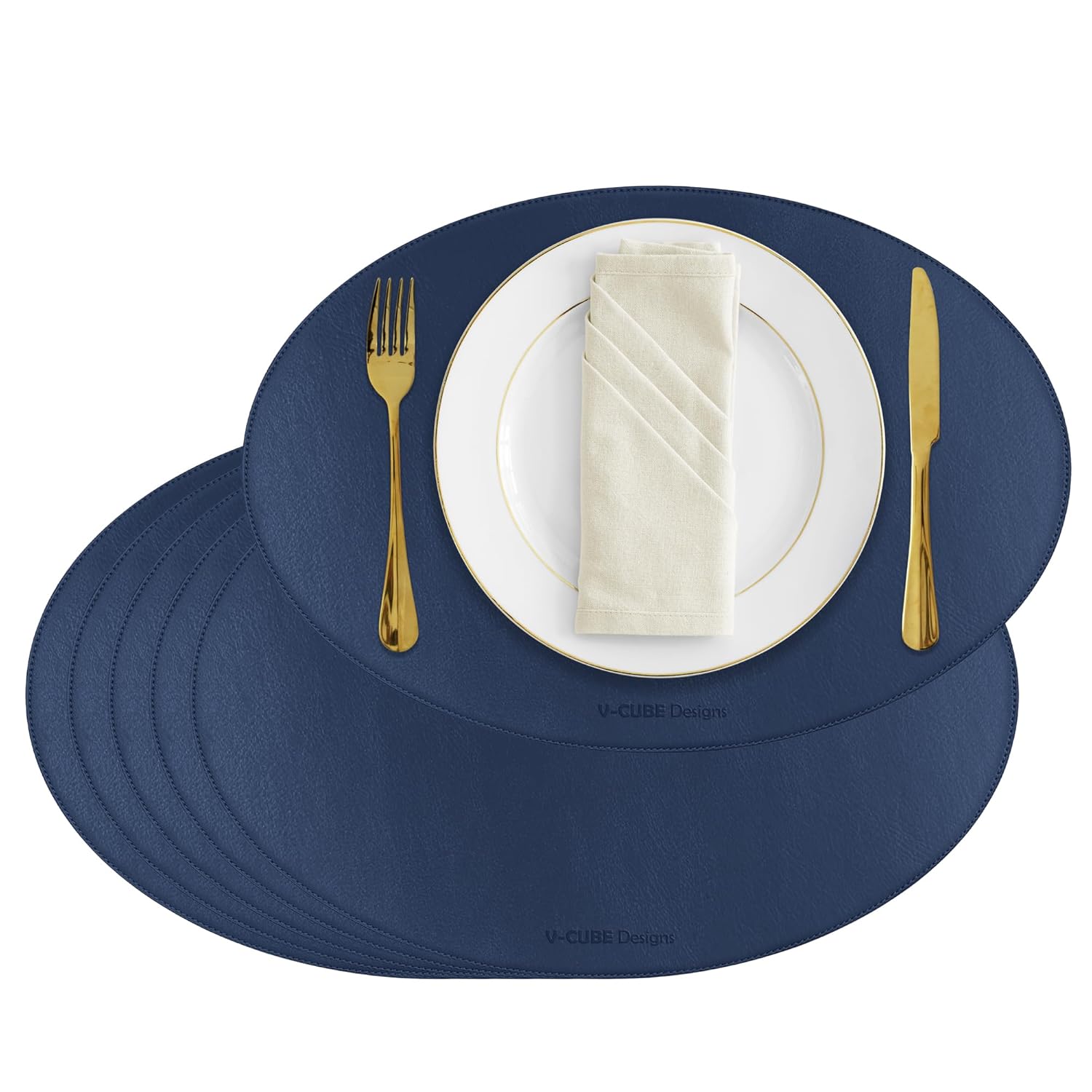 V-CUBE Designs Premium Vegan Leather Dining Table Placemats Set of 6 - Navy Blue