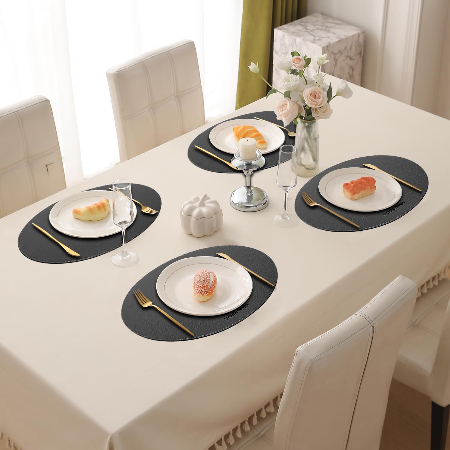 V-CUBE Designs Premium Vegan Leather Dining Table Placemats Set of 6 - Grey