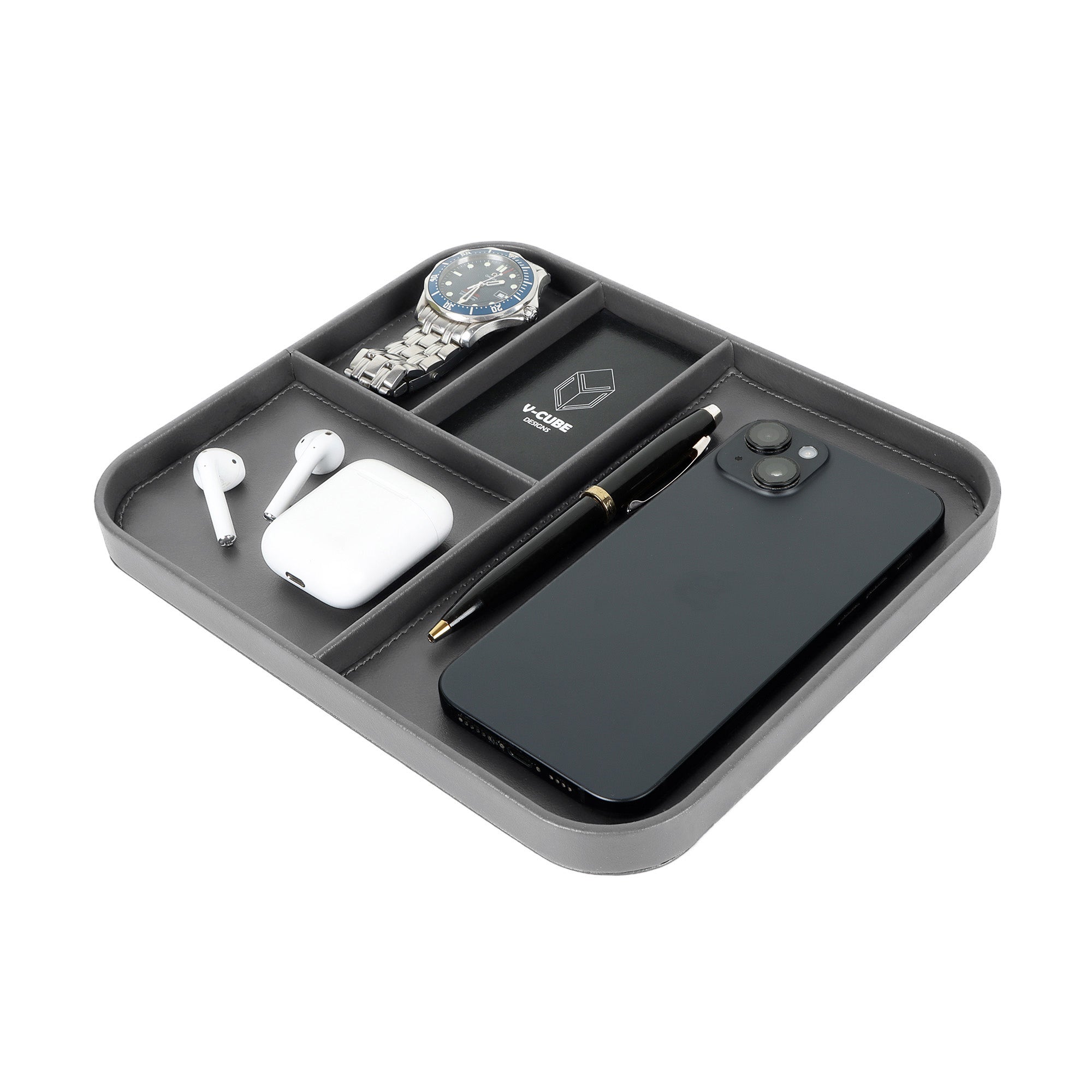 V-CUBE Designs Premium Vegan Leather Valet Tray - Grey