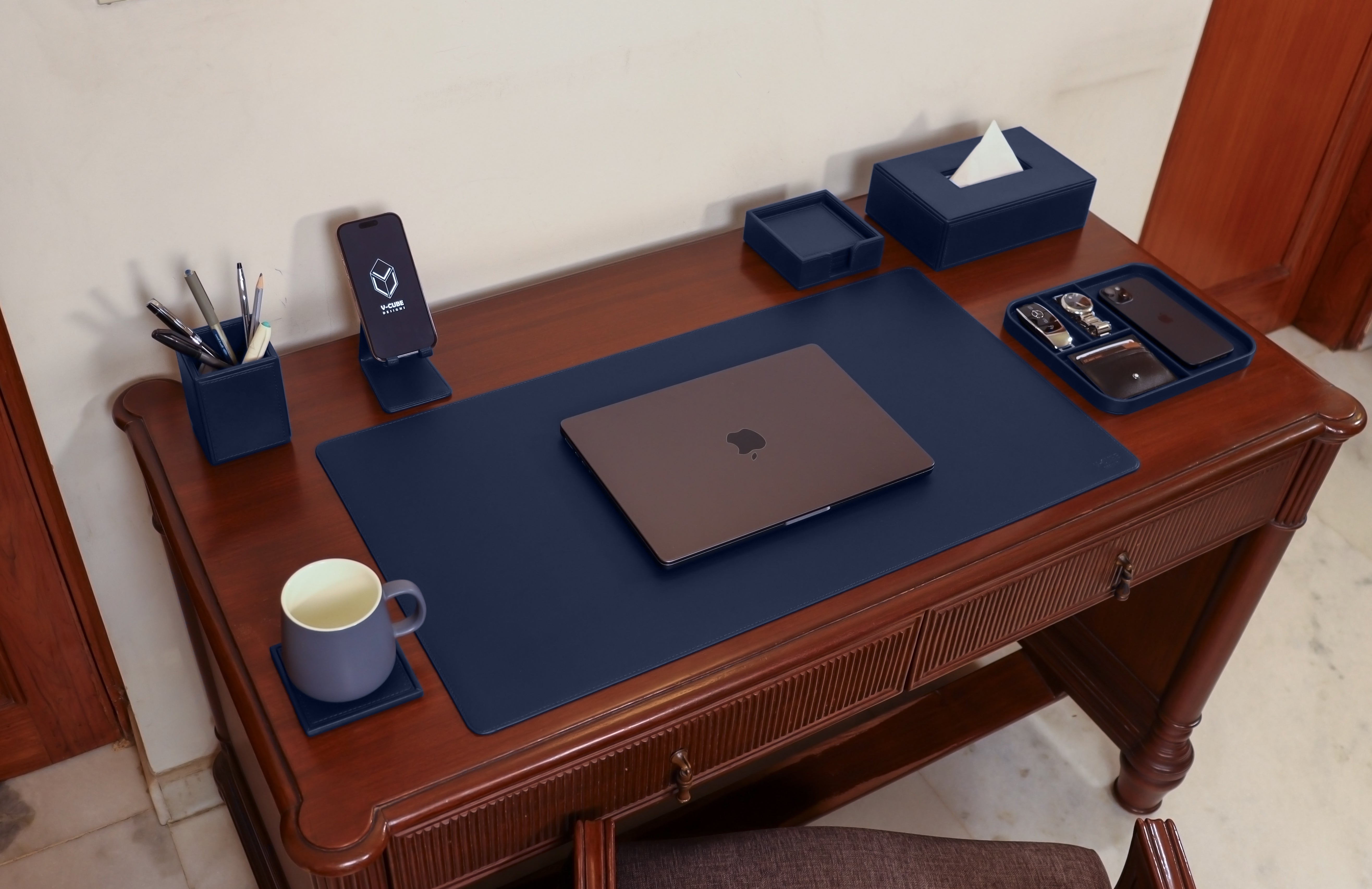 V-CUBE Designs Premium Vegan Leather OFFICE / HOME EXECUTIVE SET OF 6 Navy Blue