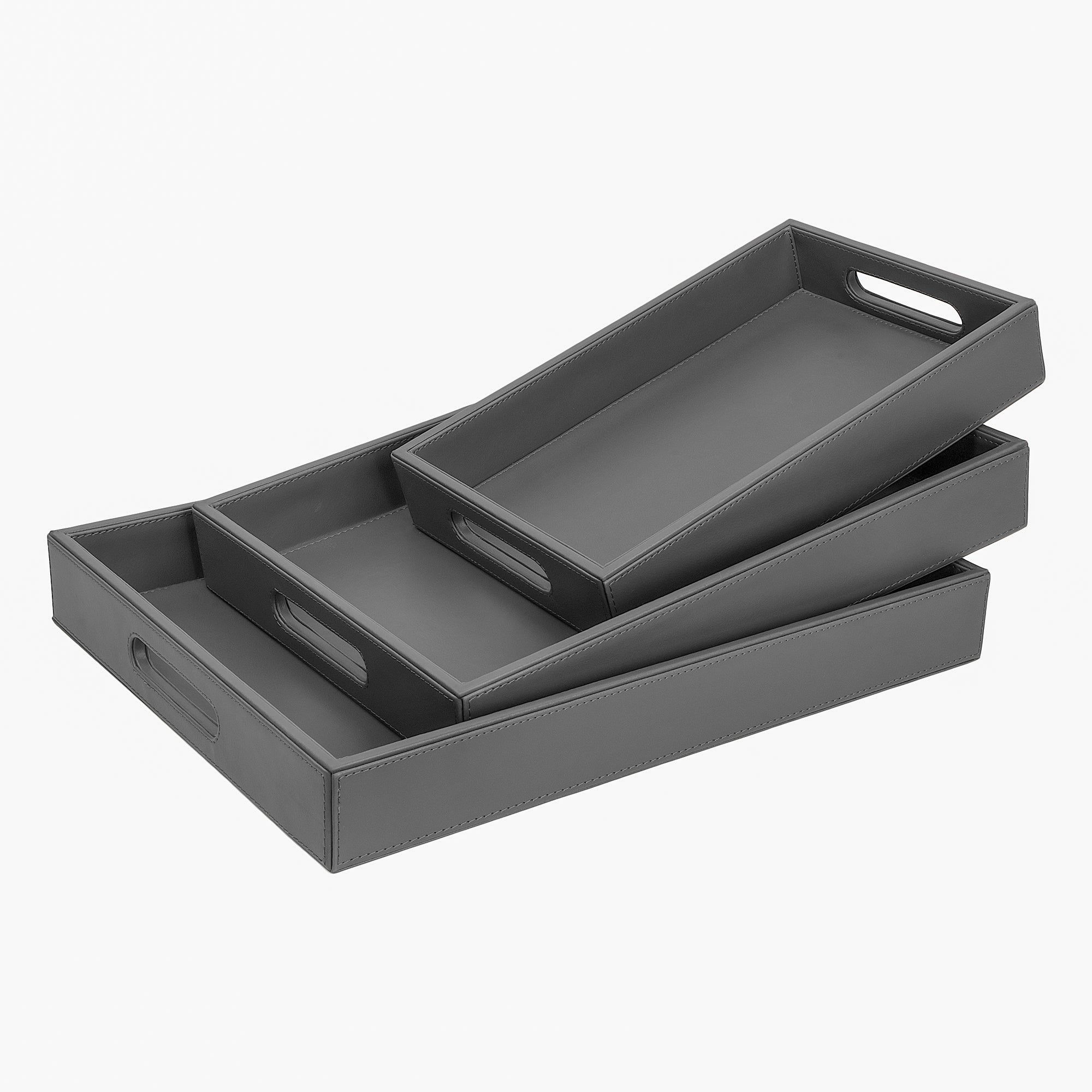 V-CUBE DESIGNS Premium Vegan Leather Rectangular Serving Trays Set of 3 - Grey