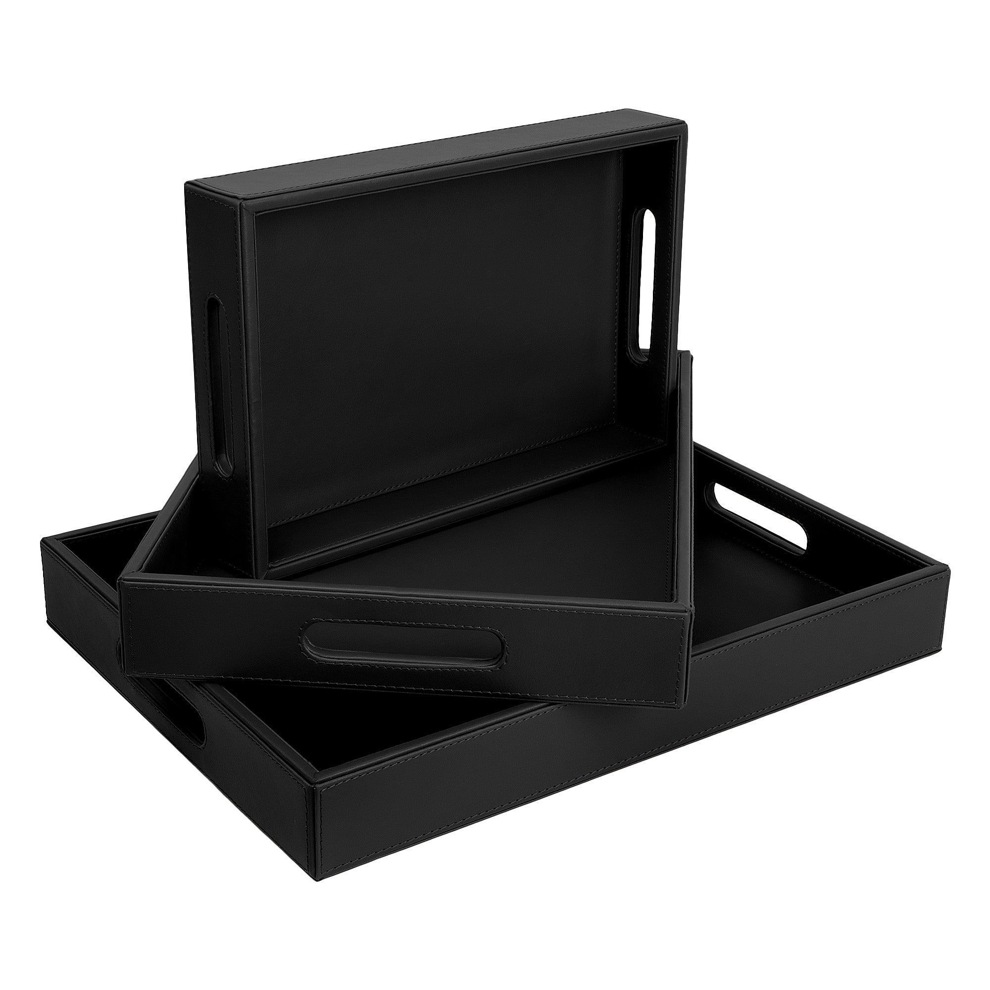 V-CUBE DESIGNS Premium Vegan Leather Rectangular Serving Trays Set of 3 - Black