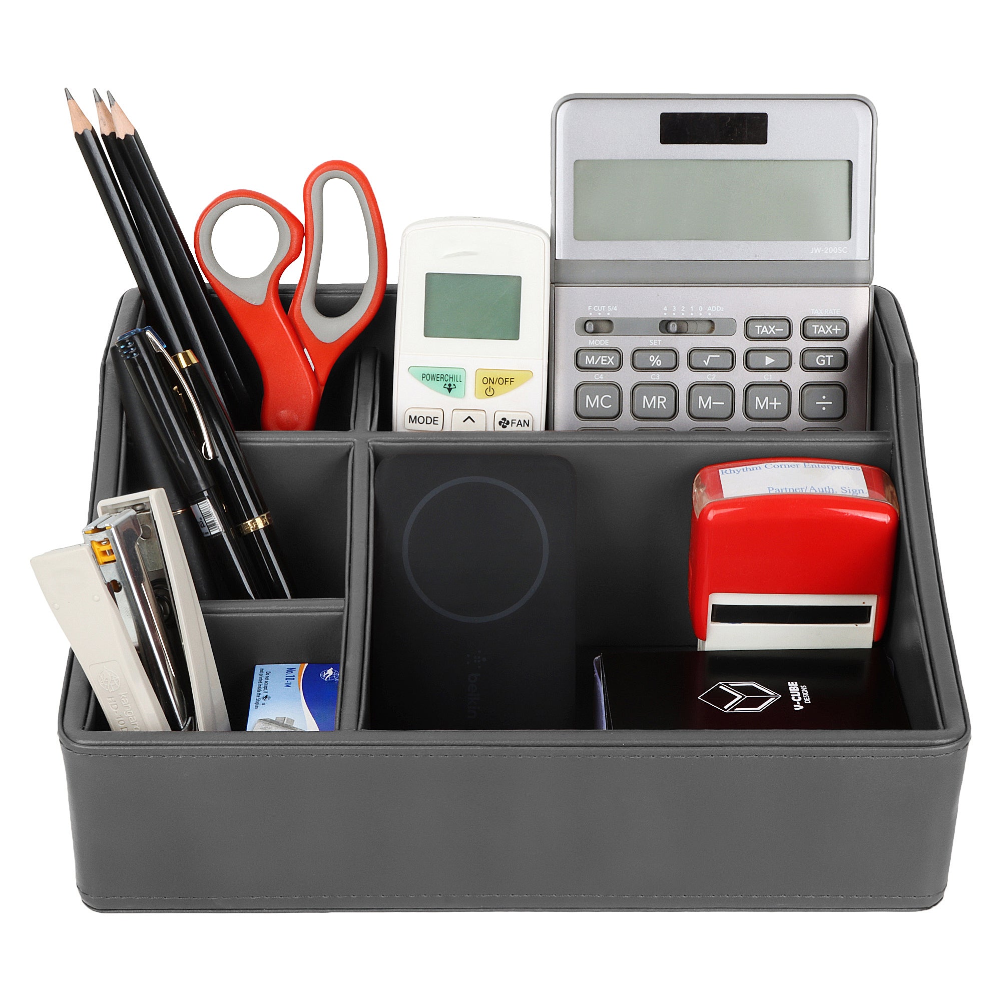 V-CUBE DESIGNS Premium Vegan Leather Desk Organizer - 5 Storage Compartments - Grey