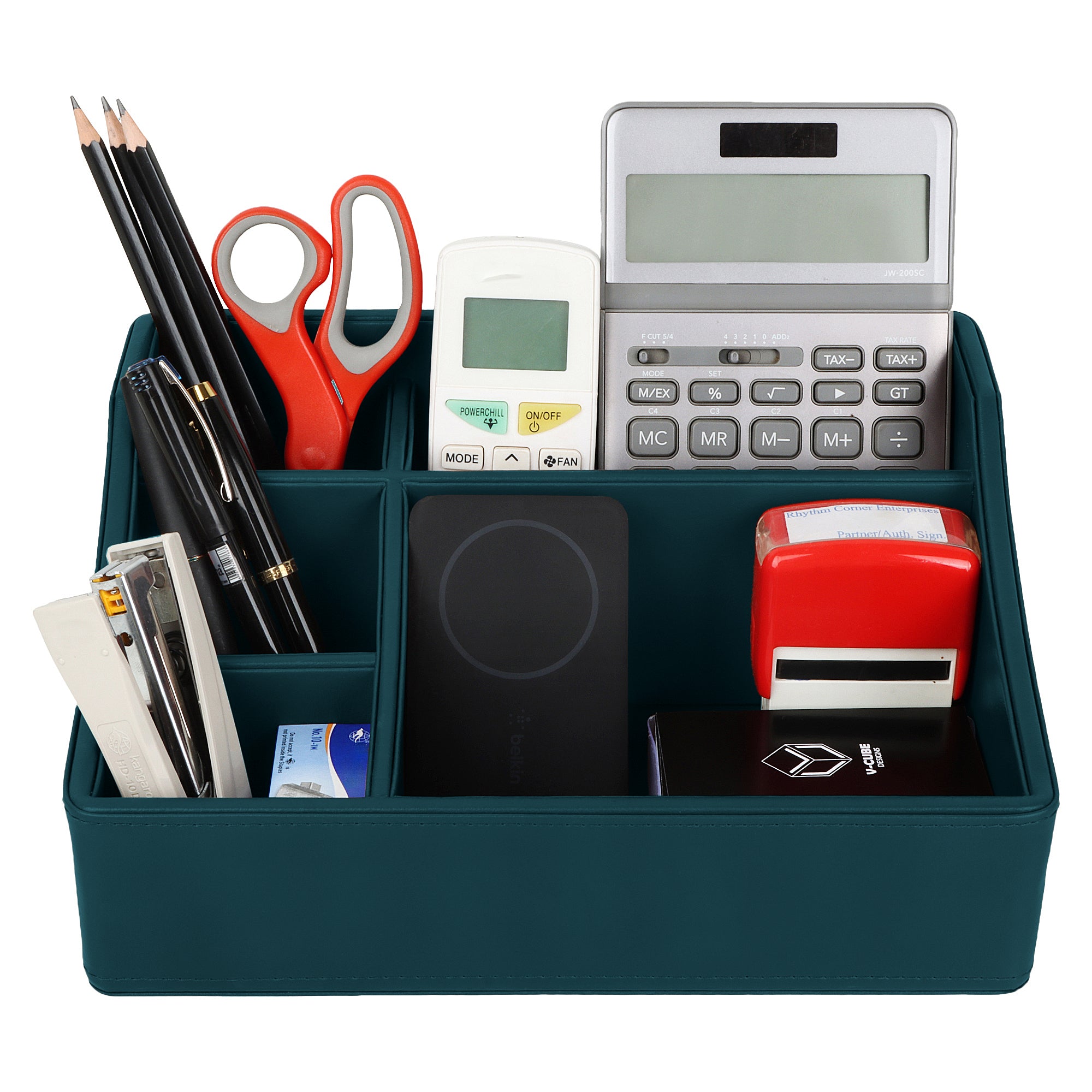V-CUBE DESIGNS Premium Vegan Leather Desk Organizer - 5 Storage Compartments - Deep Teal
