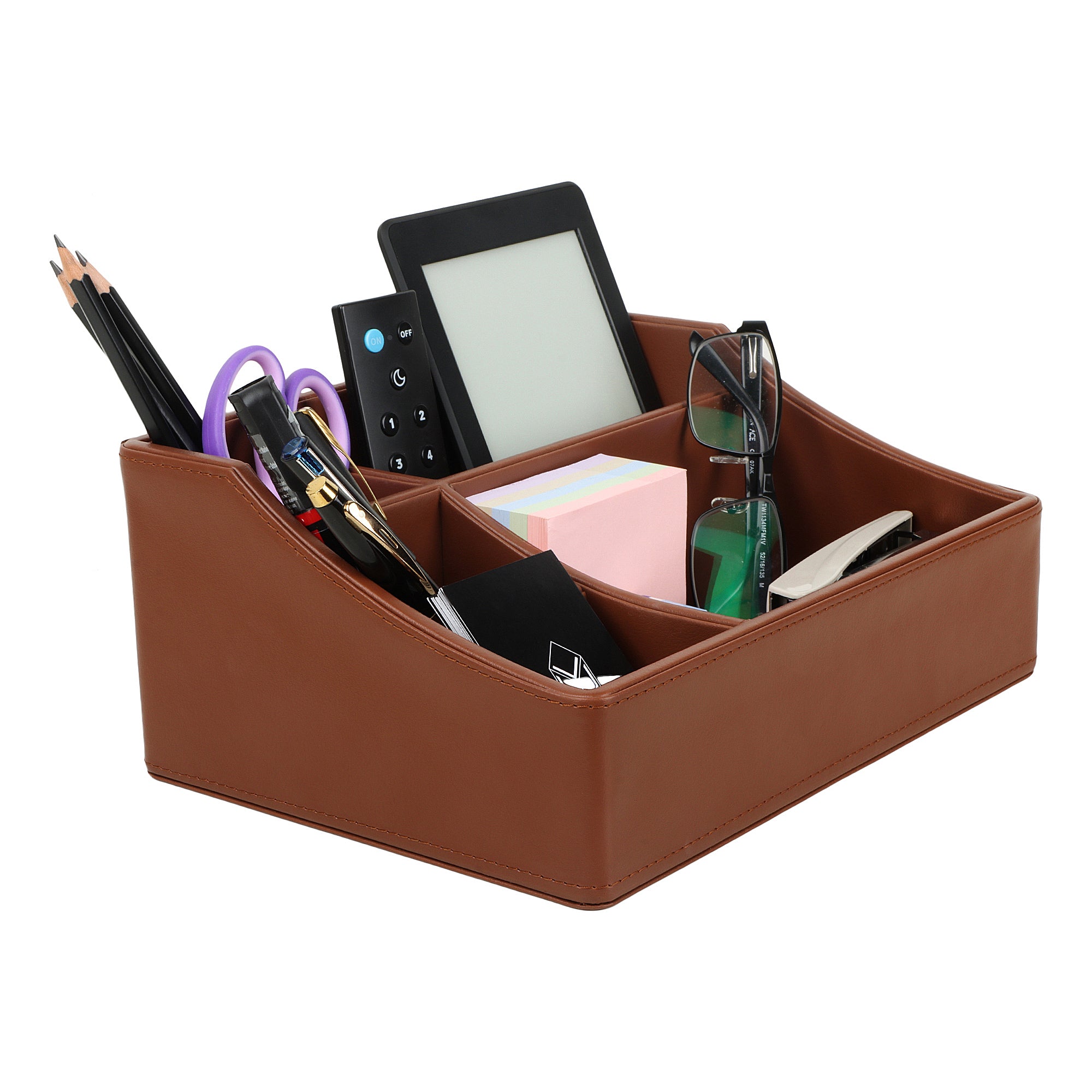 V-CUBE DESIGNS Premium Vegan Leather Desk Organizer - 4 Storage Compartments -Tan