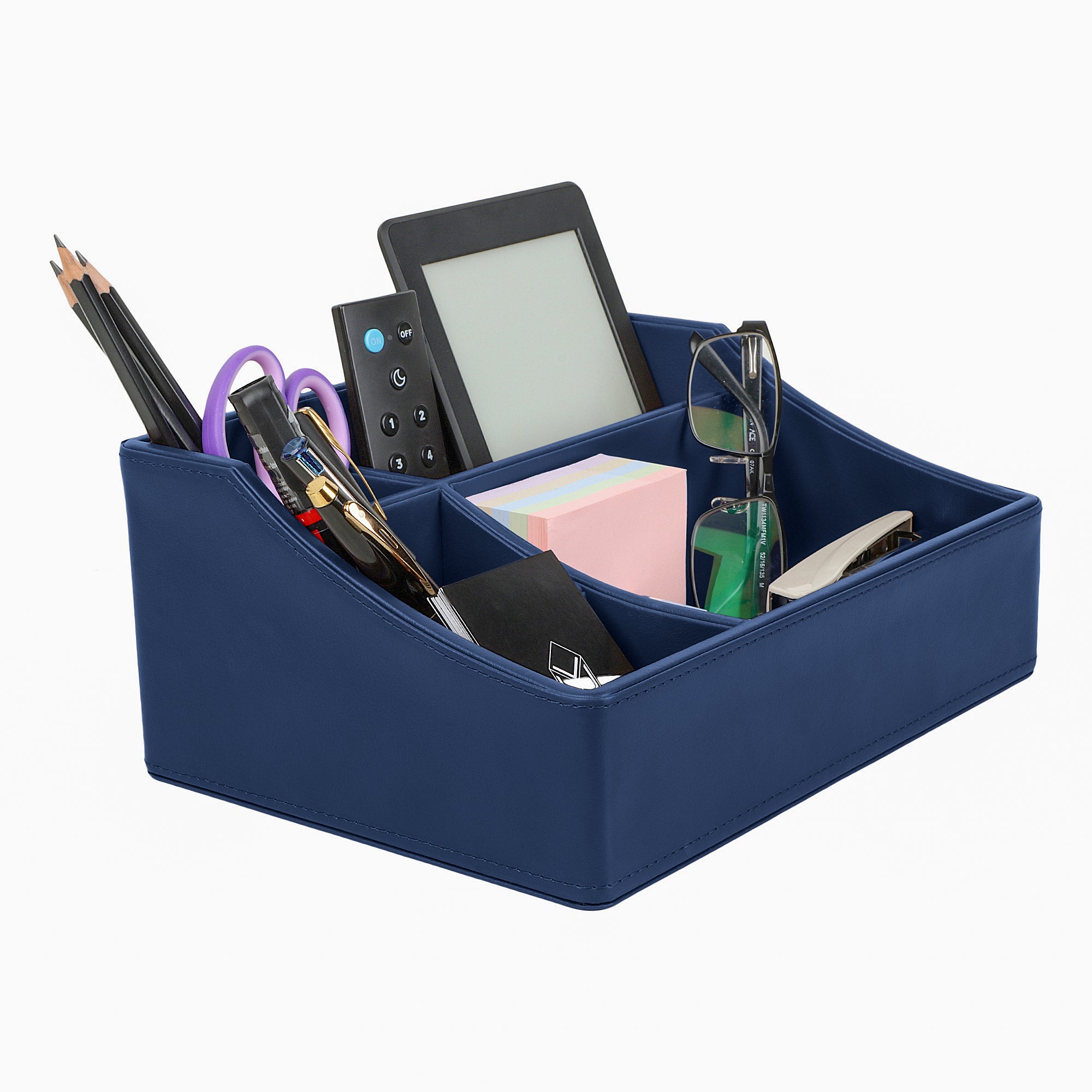 V-CUBE DESIGNS Premium Vegan Leather Desk Organizer - 4 Storage Compartments - Navy Blue