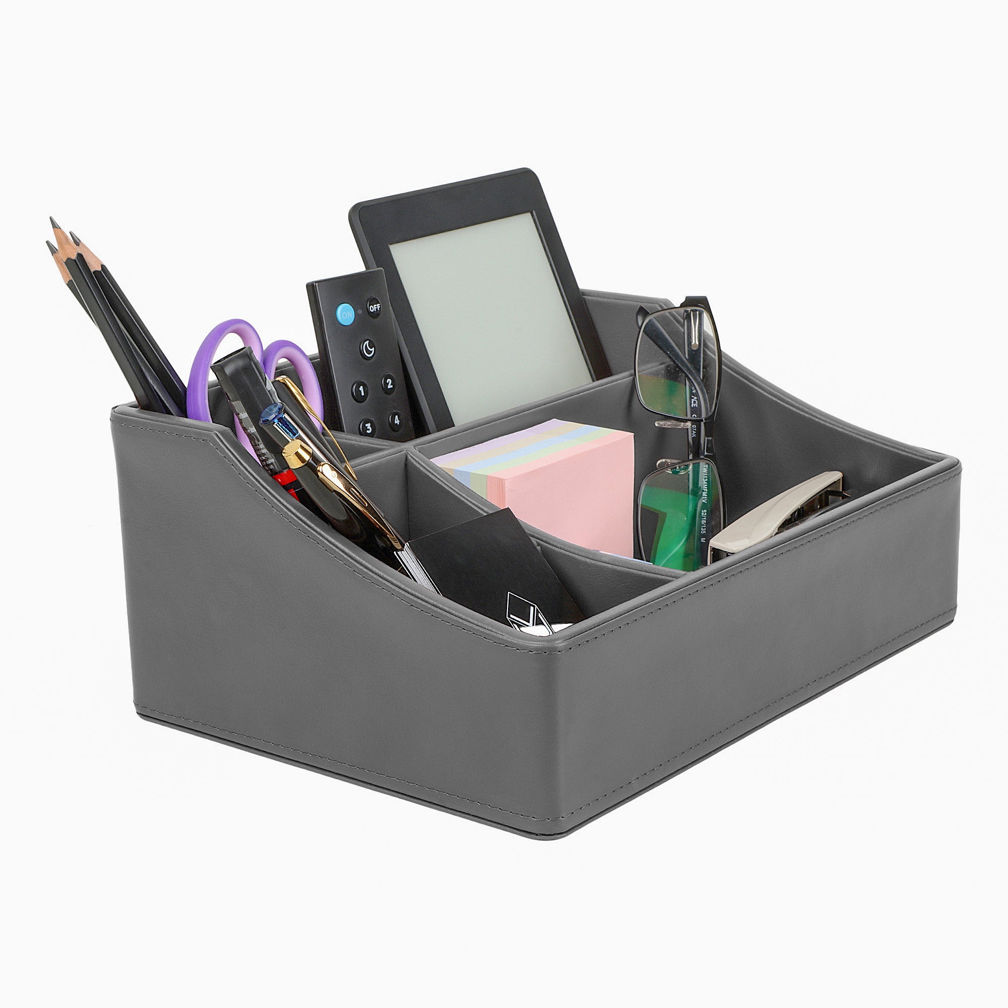 V-CUBE DESIGNS Premium Vegan Leather Desk Organizer - 4 Storage Compartments - Grey