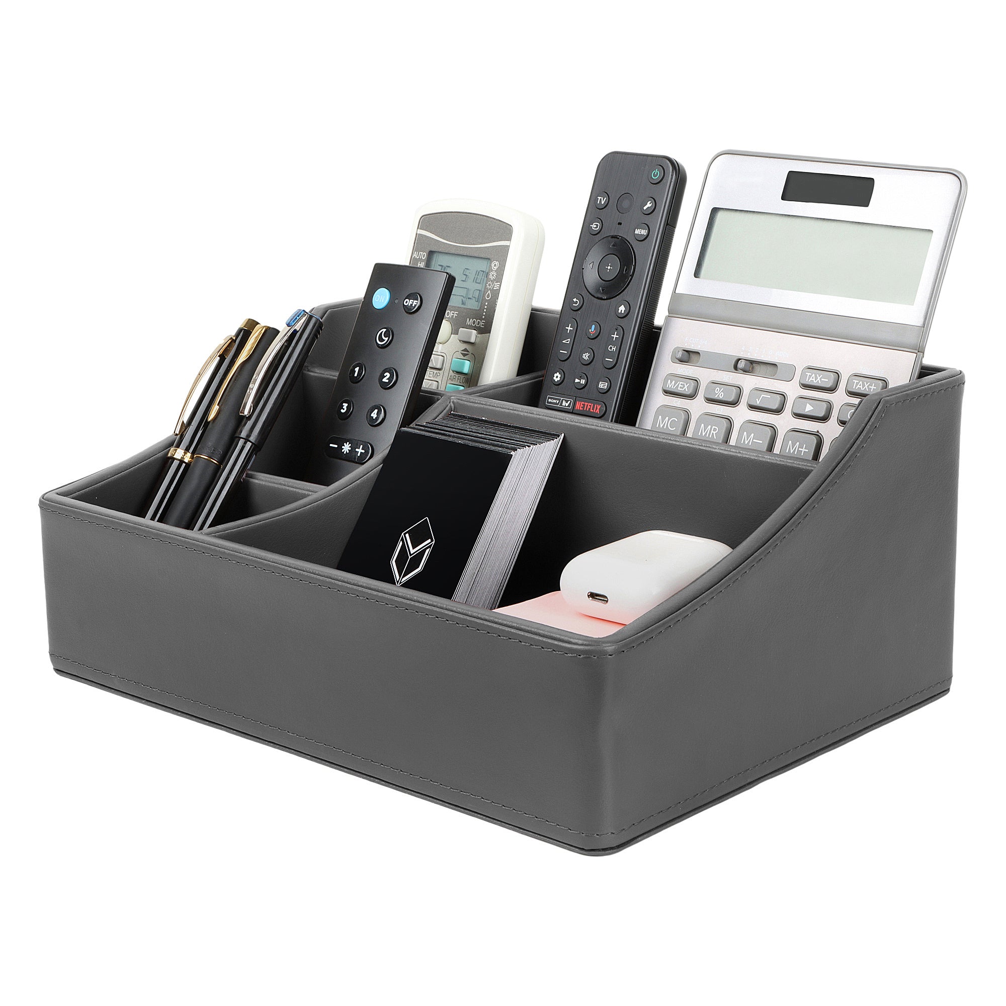 V-CUBE DESIGNS Premium Vegan Leather Desk Organizer - 5 Storage Compartments - Grey