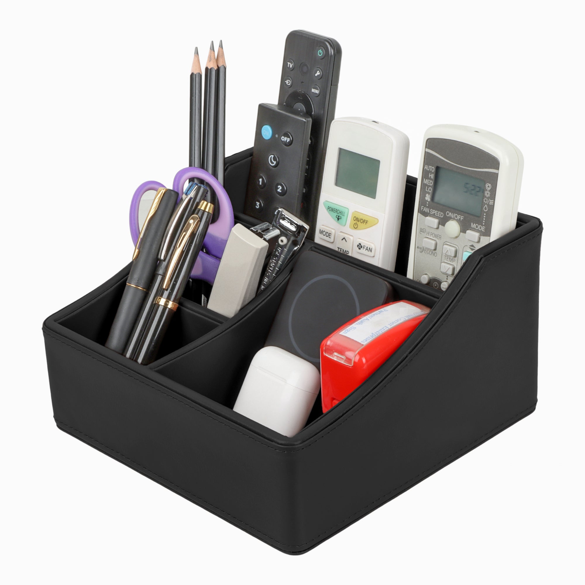 V-CUBE DESIGNS Premium Vegan Leather Desk Organizer - 4 Storage Compartments - Black