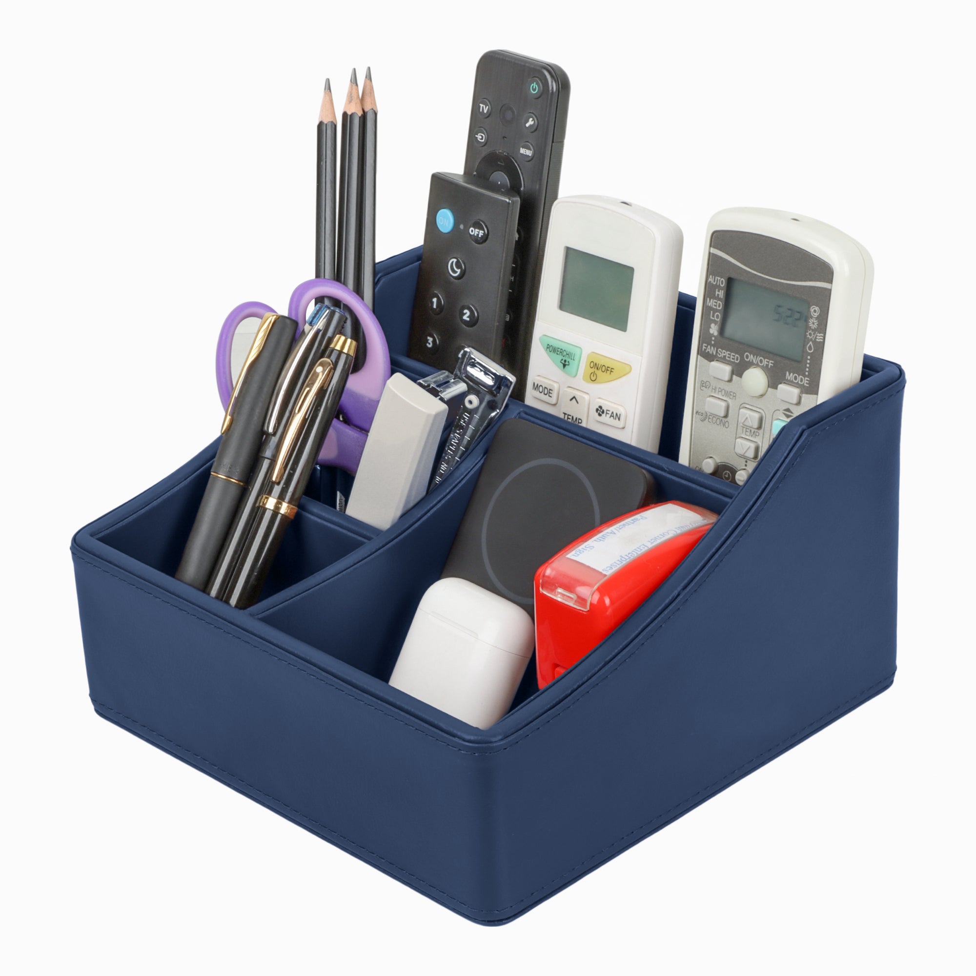 V-CUBE DESIGNS Premium Vegan Leather Desk Organizer - 4 Storage Compartments - Navy Blue