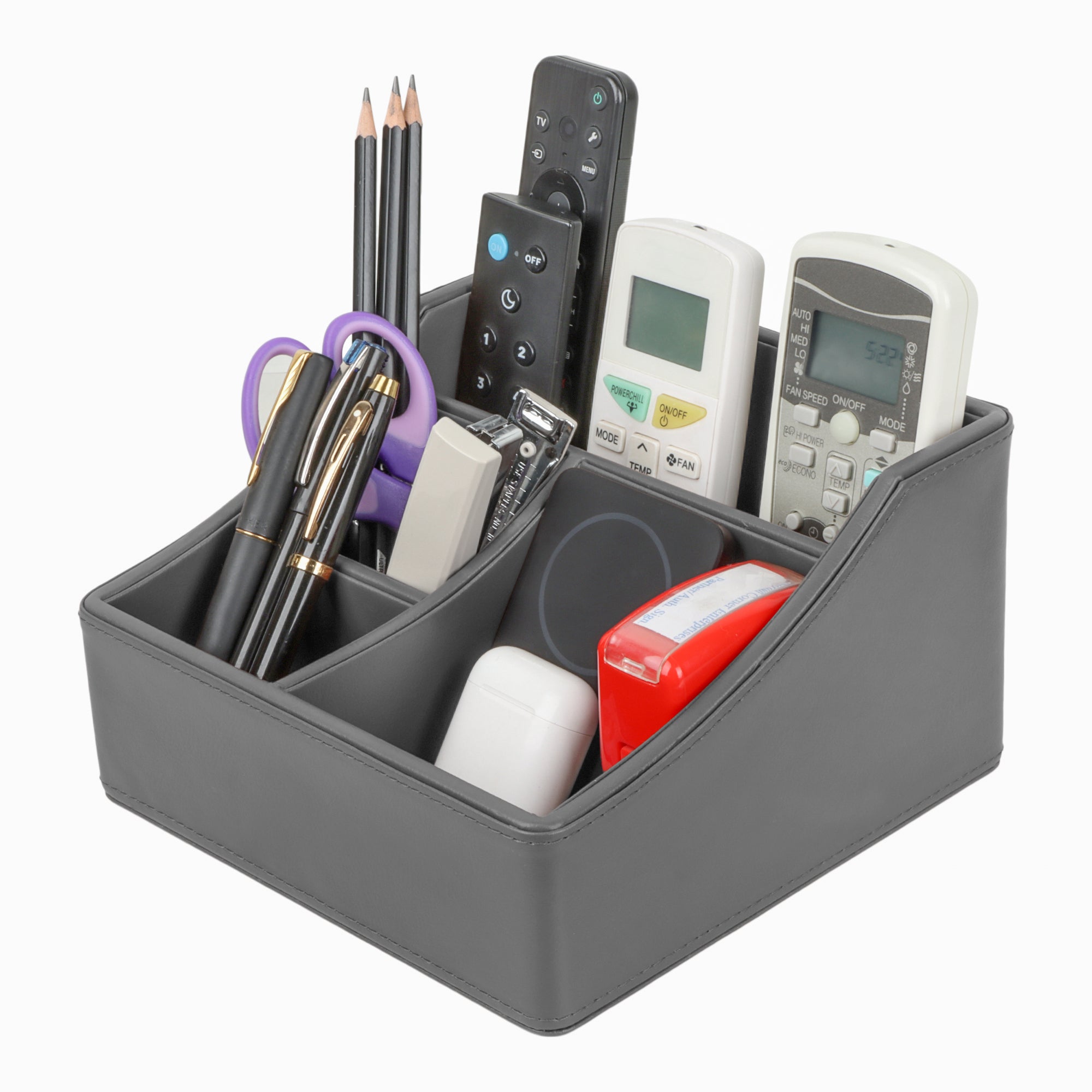 V-CUBE DESIGNS Premium Vegan Leather Desk Organizer - 4 Storage Compartments - Grey