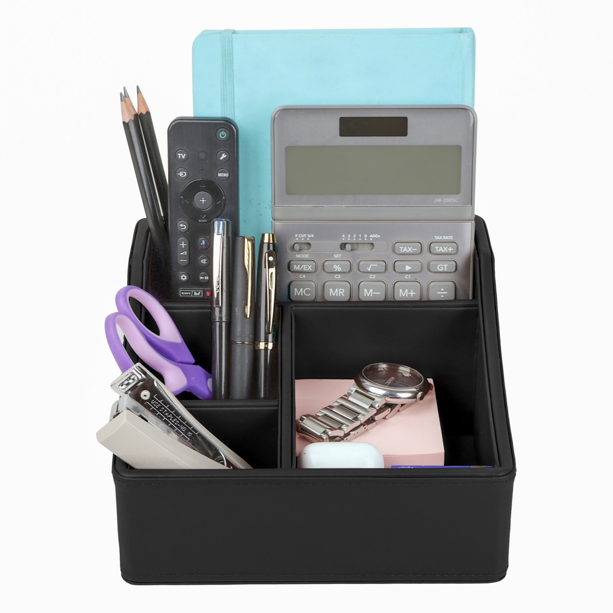 V-CUBE DESIGNS Premium Vegan Leather Desk Organizer - 4 Storage Compartments - Black