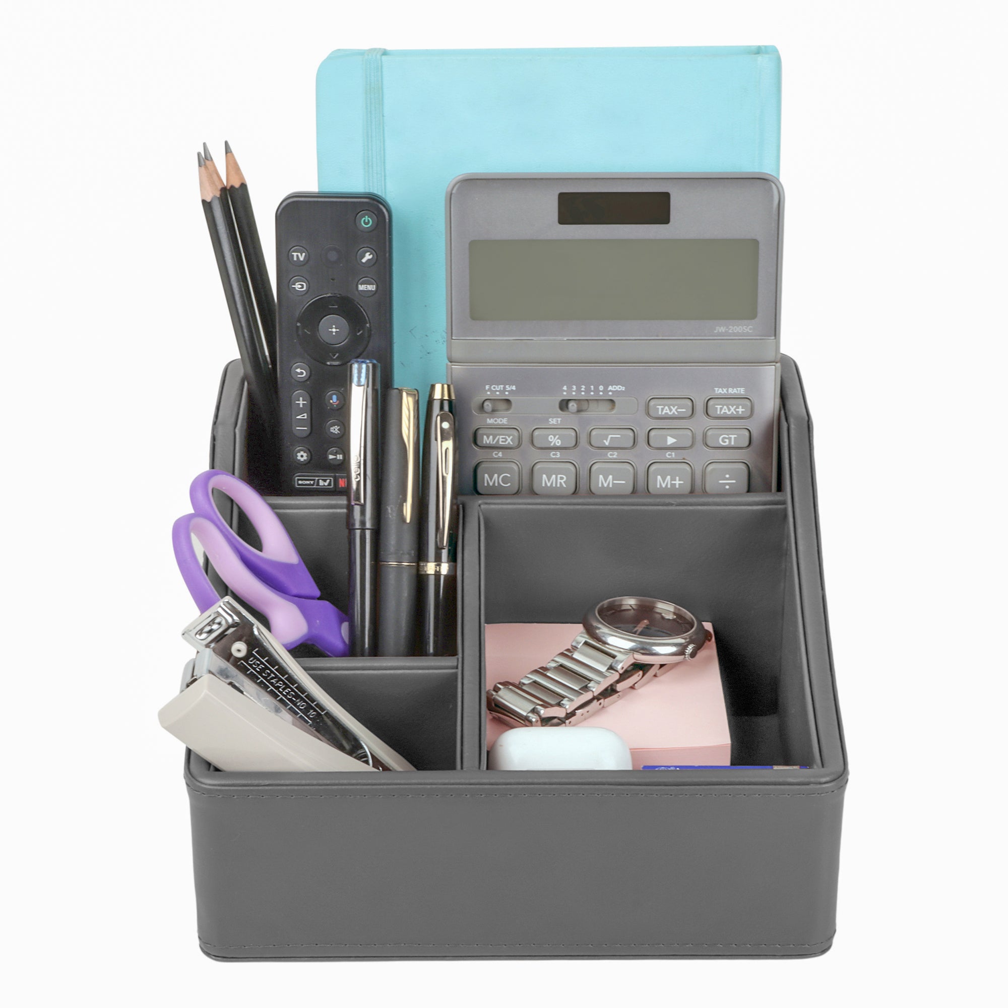 V-CUBE DESIGNS Premium Vegan Leather Desk Organizer - 4 Storage Compartments - Grey