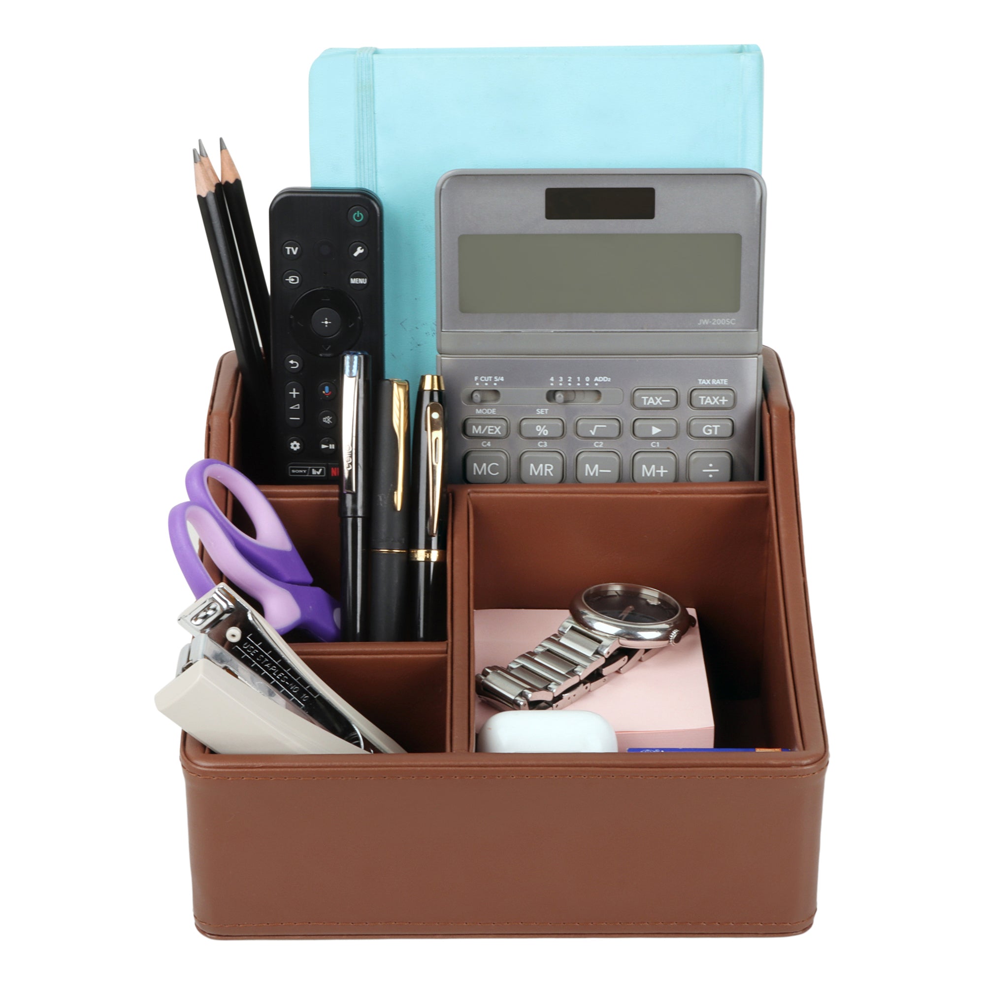 V-CUBE DESIGNS Premium Vegan Leather Desk Organizer - 4 Storage Compartments -Tan
