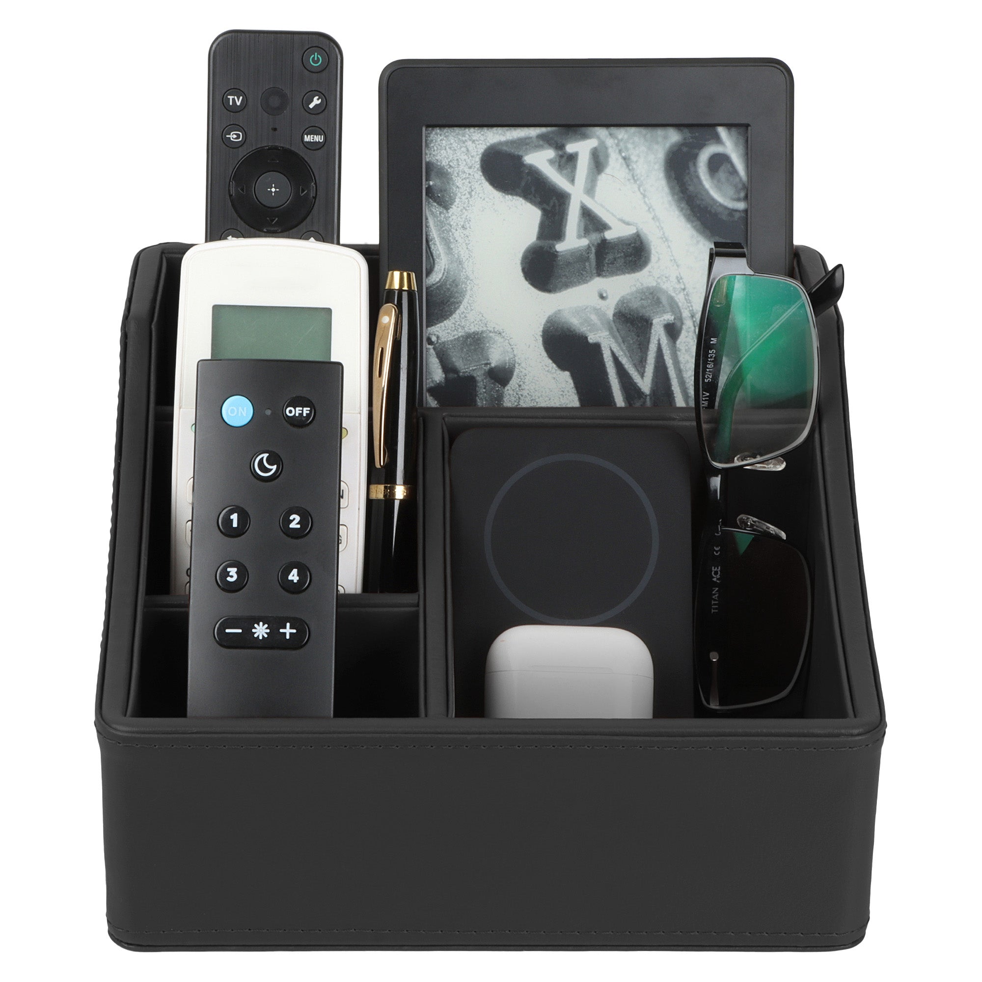 V-CUBE DESIGNS Premium Vegan Leather Desk Organizer - 4 Storage Compartments - Black