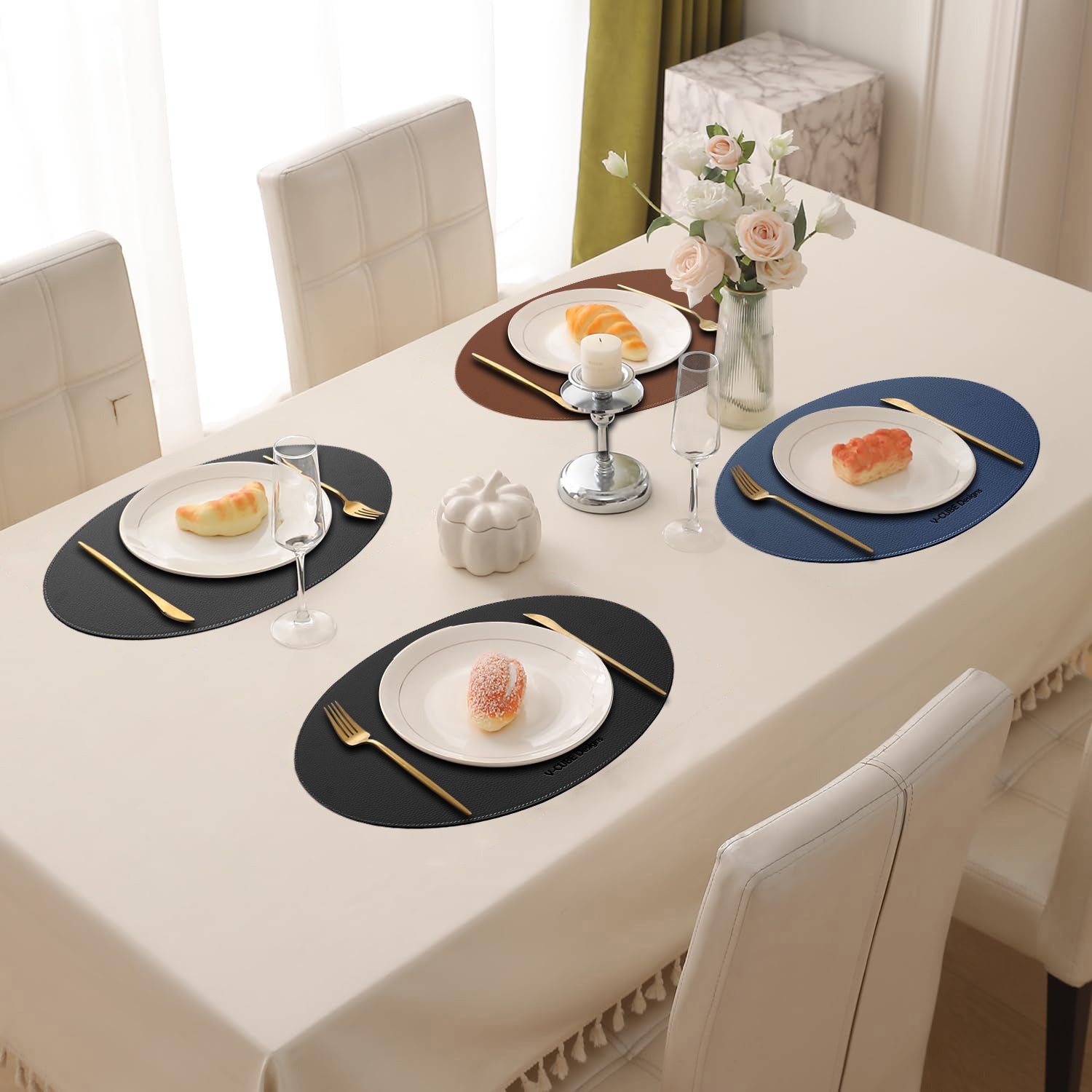 V-CUBE Designs Premium Vegan Leather Dining Table Placemats Set of 4 - Navy Blue