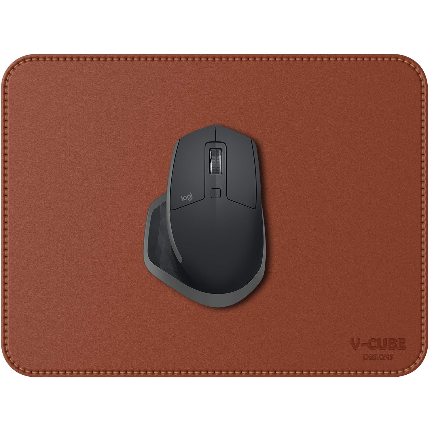 A tan premium mouse pad made from vegan leather with stitched edges on a clean desk.