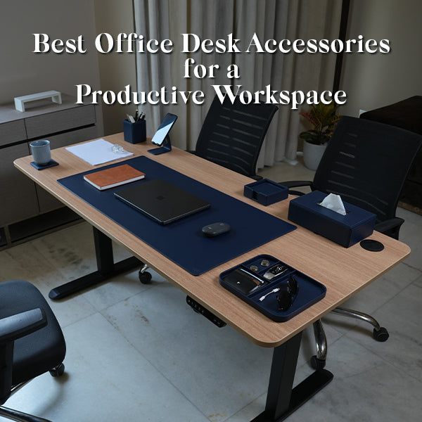 An organized modern workspace featuring the best office desk accessories to improve daily employee productivity and workflow.