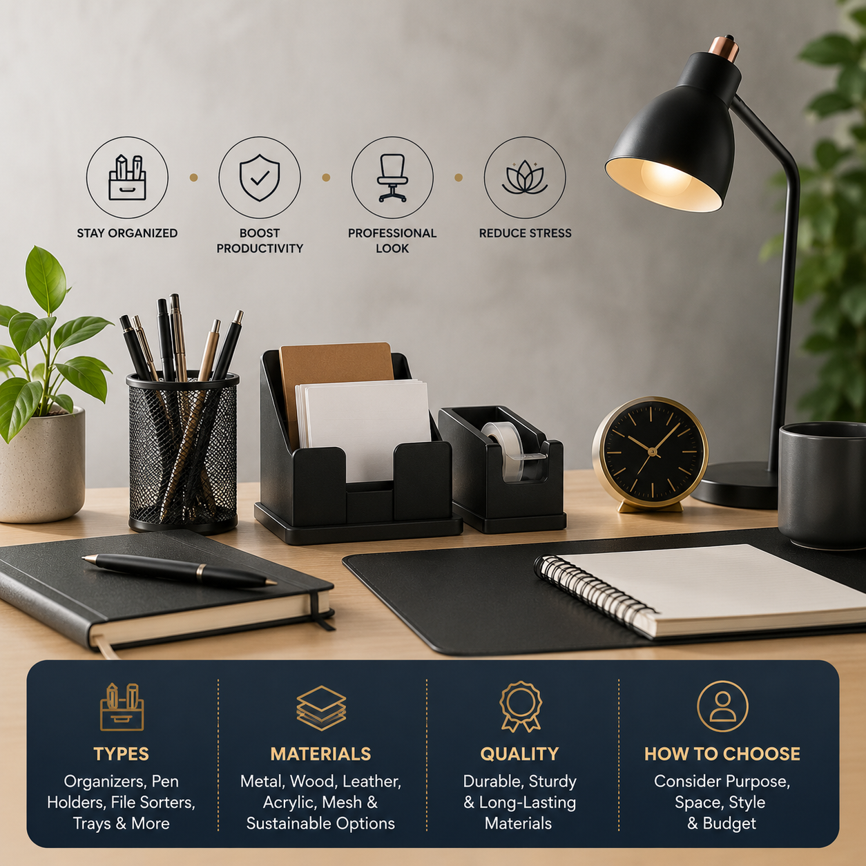 A well organized workspace showcasing key pieces from an office desk accessories buying guide on a wooden desk.