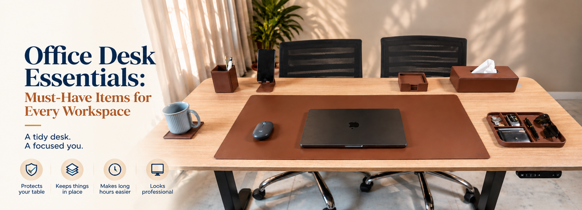 An organized workspace setup featuring leather office desk essentials by V-Cube Designs with a laptop and pen.