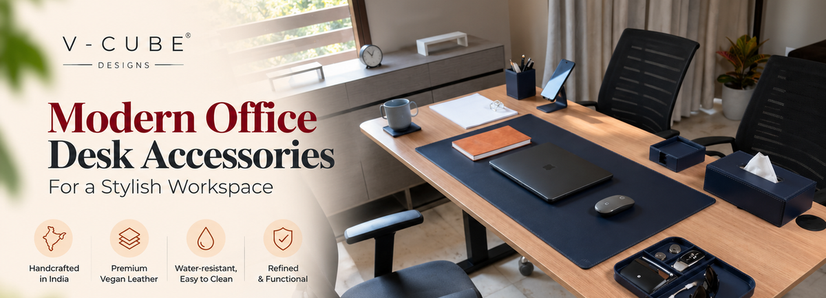 stylish executive setup featuring modern office desk accessories in vegan leather by V-Cube Designs.