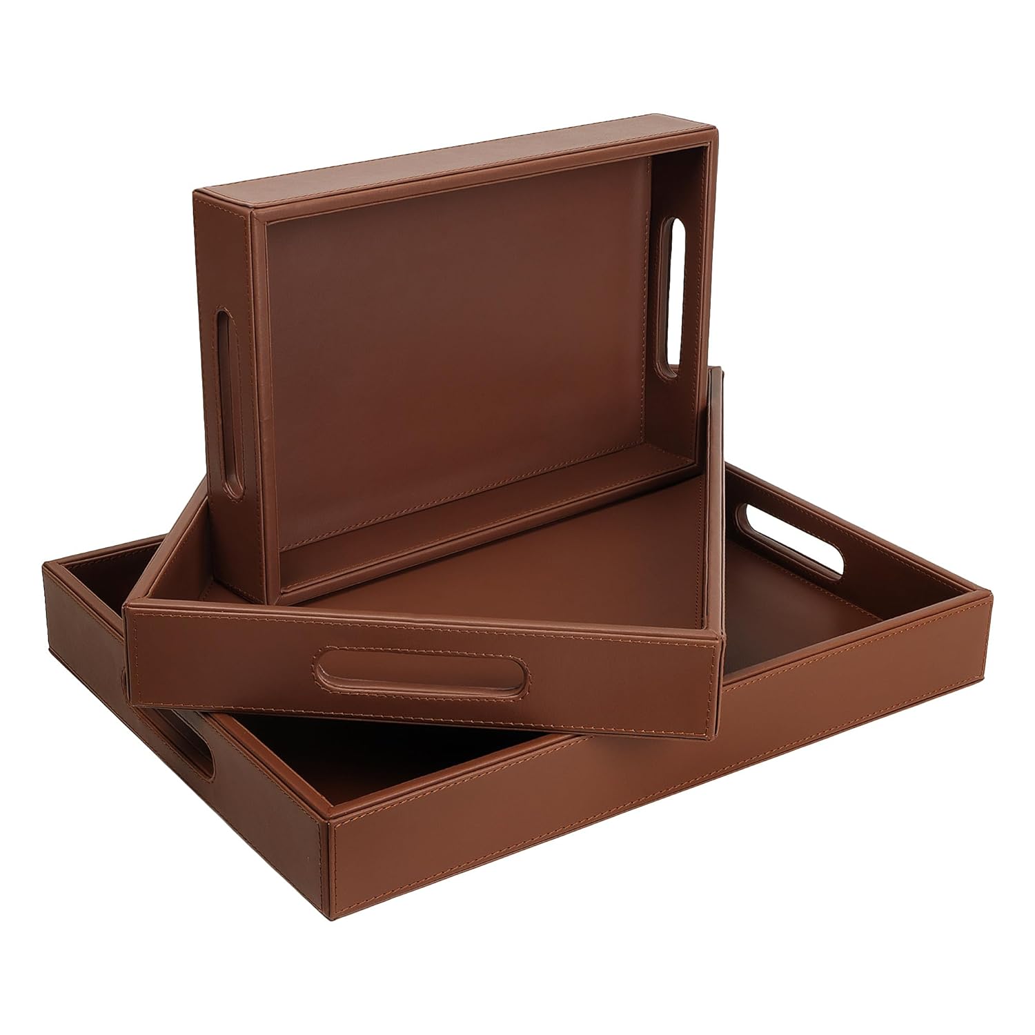 V-CUBE DESIGNS Premium Vegan Leather Rectangular Serving Trays Set of 3 - Tan