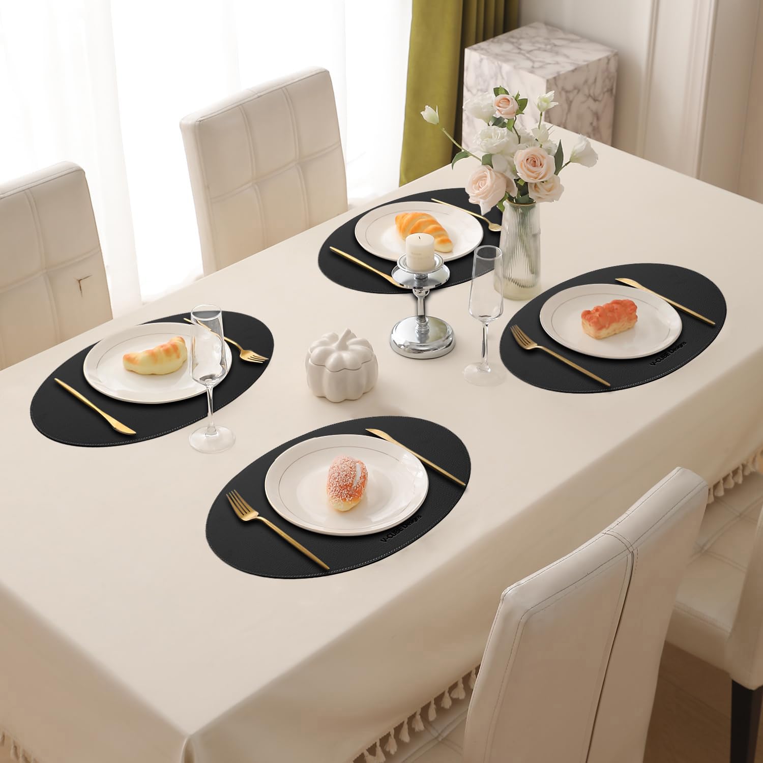 V-CUBE Designs Premium Vegan Leather Dining Table Placemats Set of 6 - Black