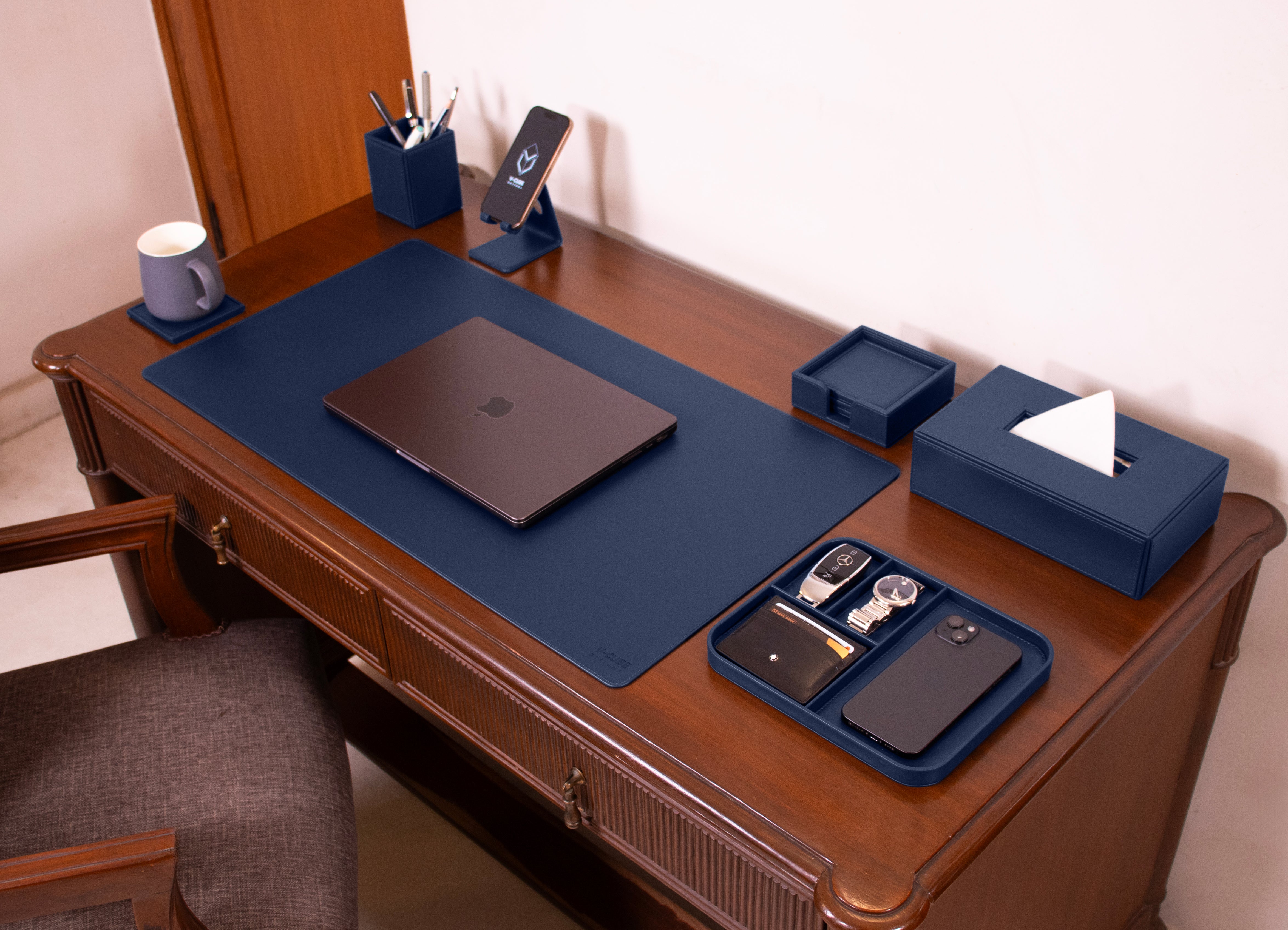 V-CUBE Designs Premium Vegan Leather OFFICE / HOME EXECUTIVE SET OF 6 Navy Blue