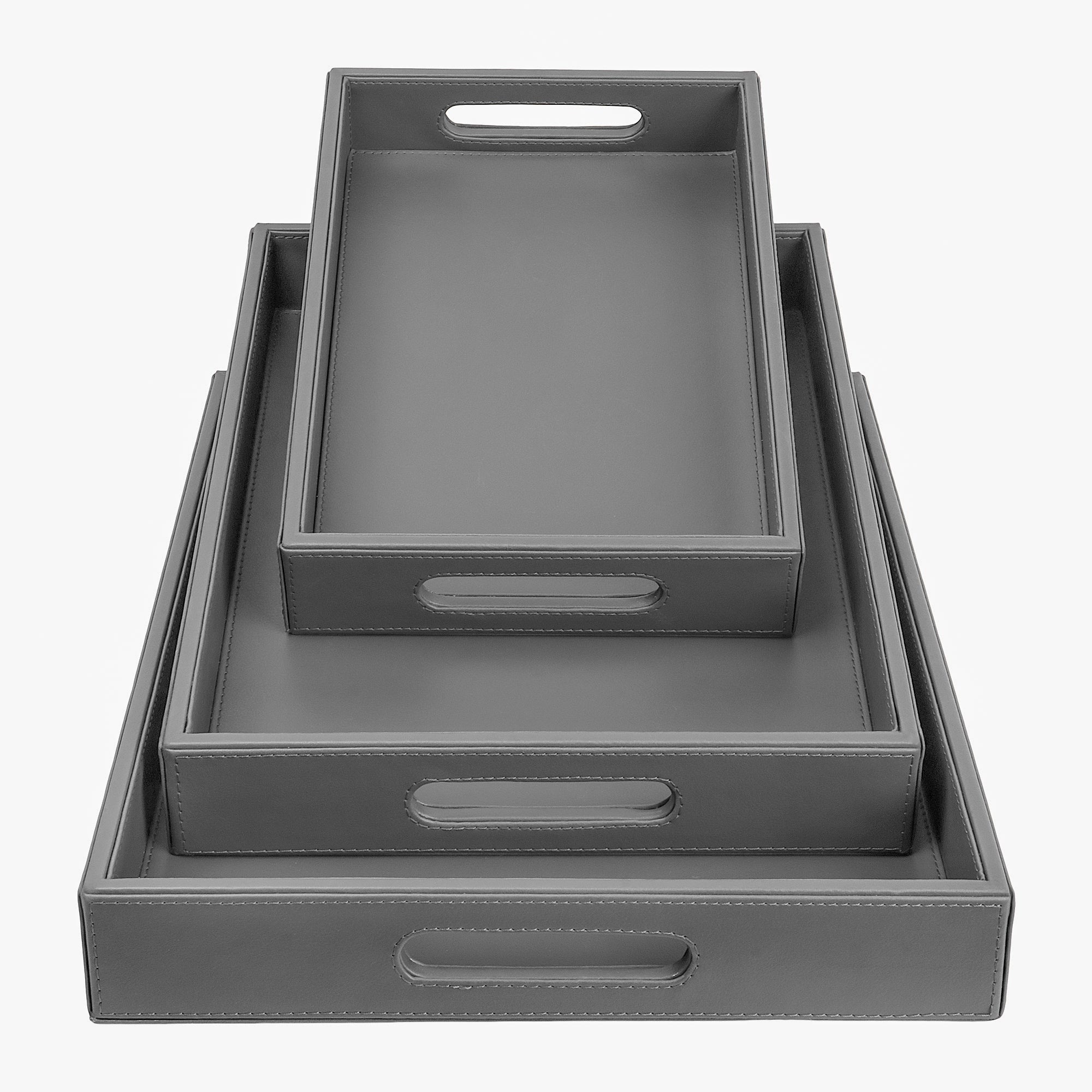 V-CUBE DESIGNS Premium Vegan Leather Rectangular Serving Trays Set of 3 - Grey