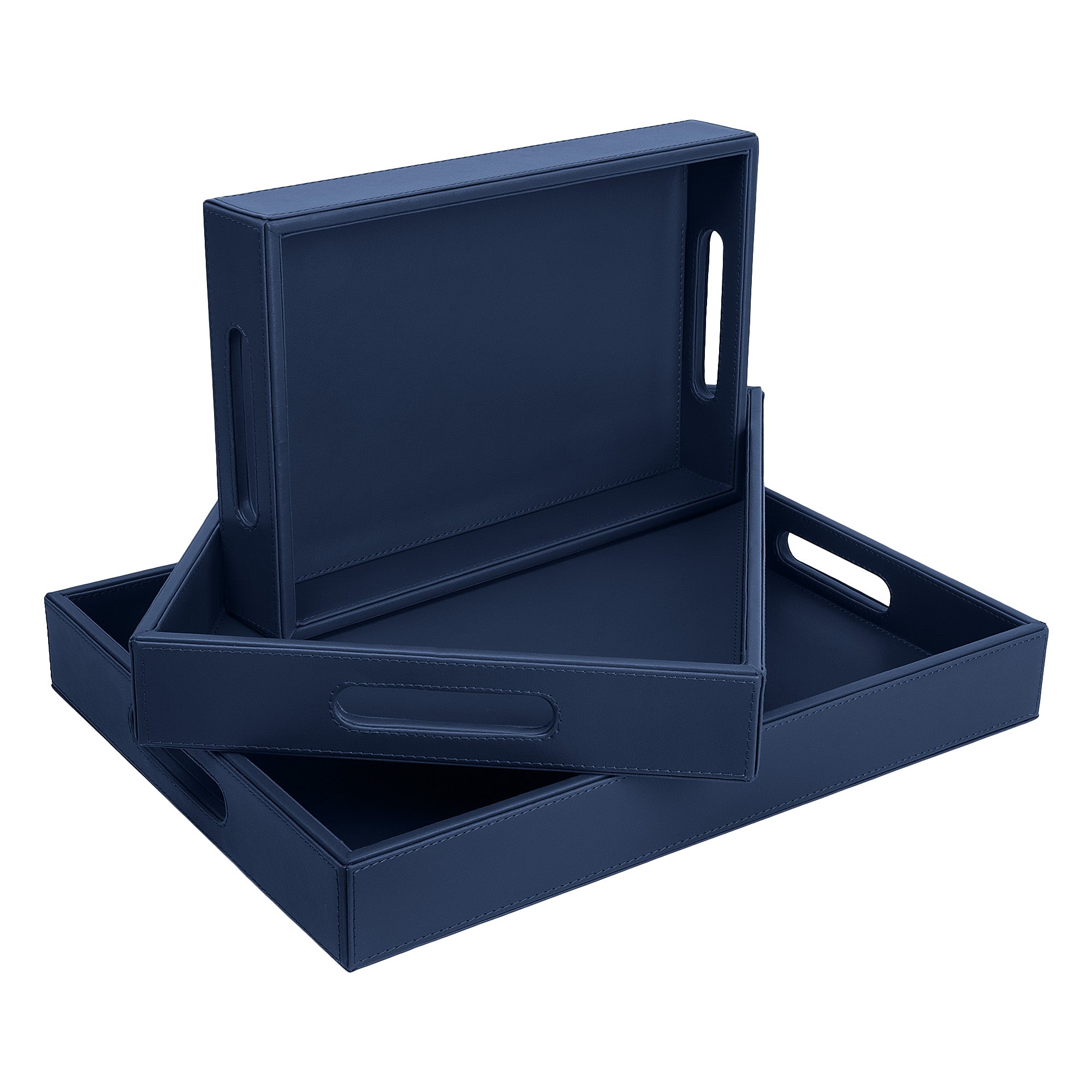 V-CUBE DESIGNS Premium Vegan Leather Rectangular Serving Trays Set of 3 - Navy Blue