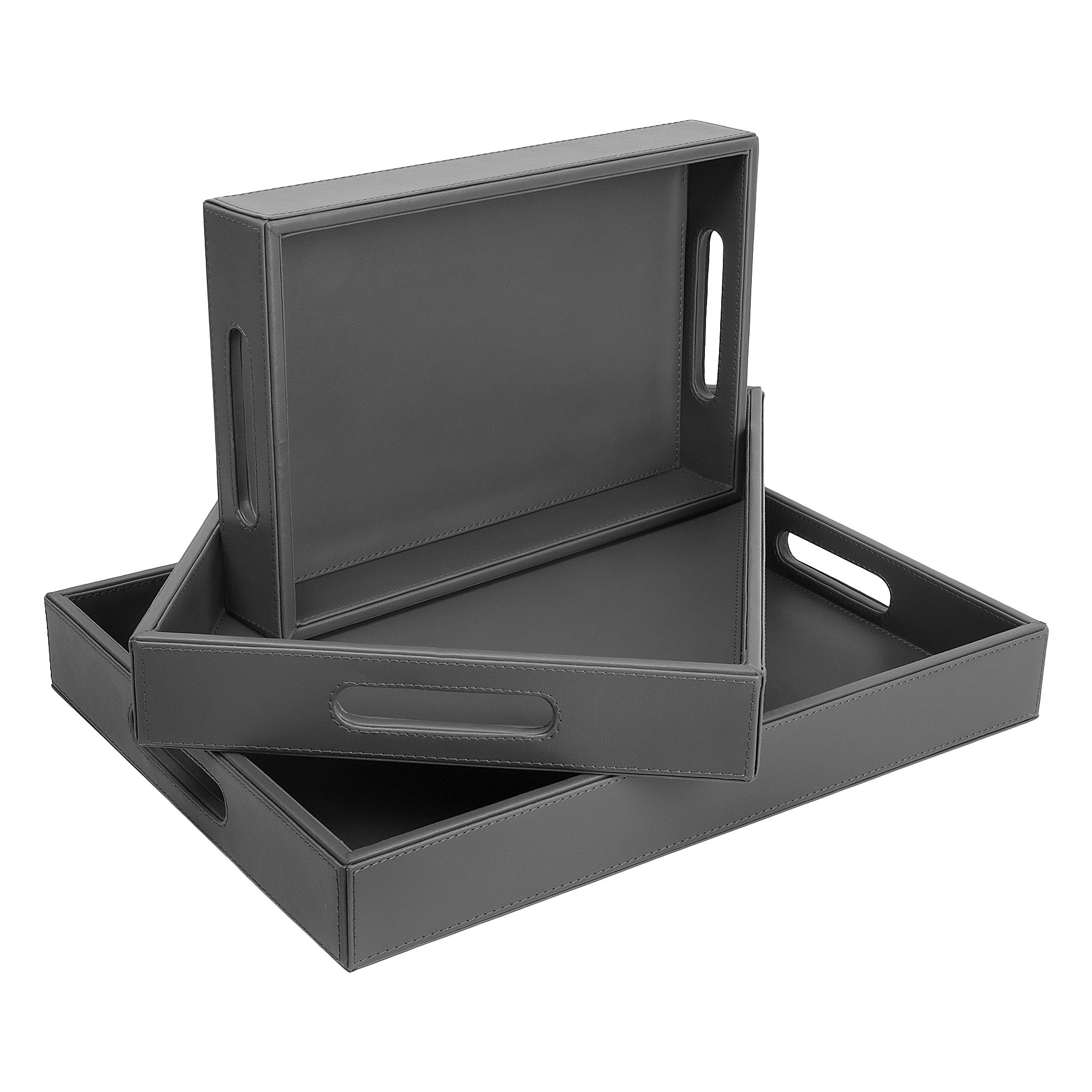 V-CUBE DESIGNS Premium Vegan Leather Rectangular Serving Trays Set of 3 - Grey