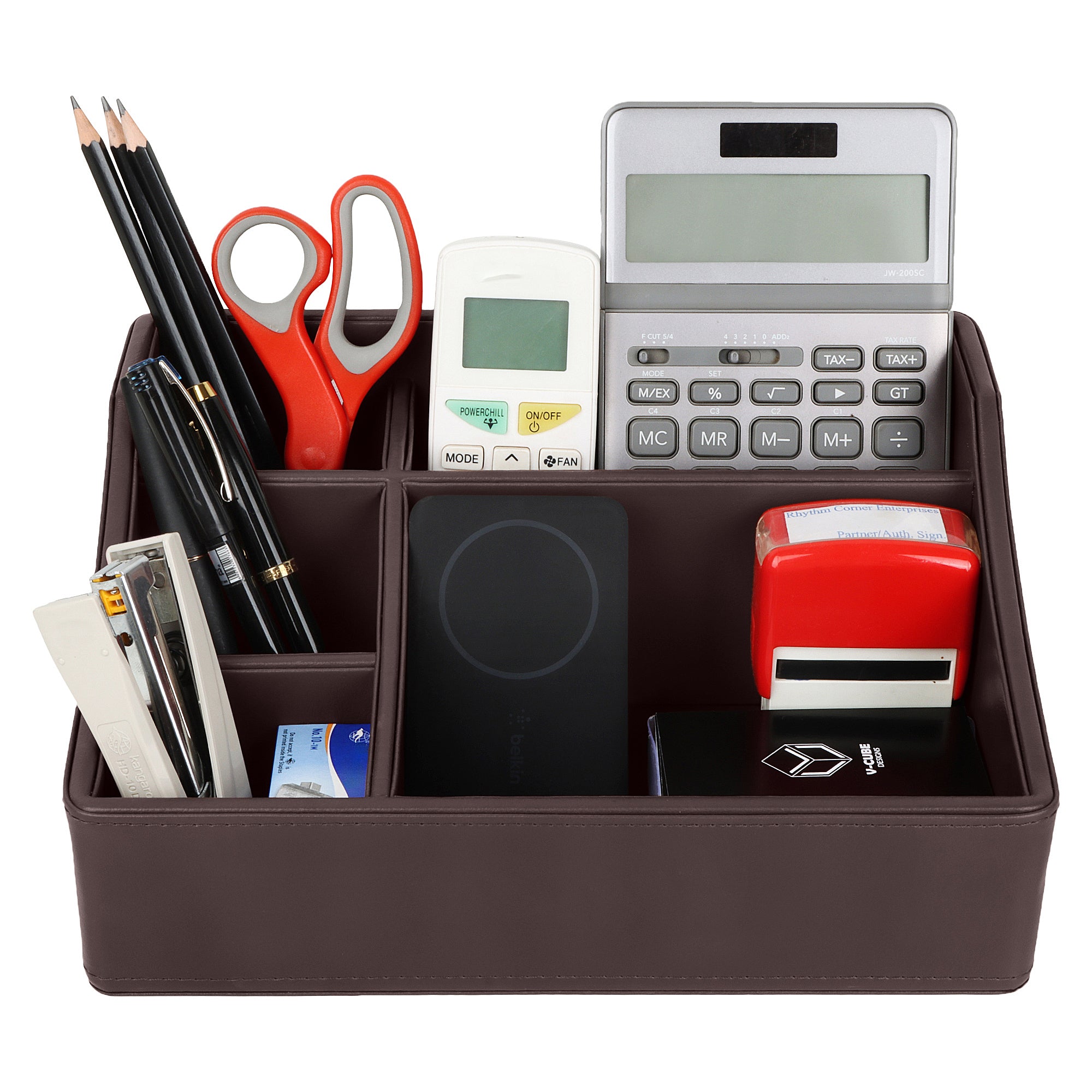 V-CUBE DESIGNS Premium Vegan Leather Desk Organizer - 5 Storage Compartments - Brown