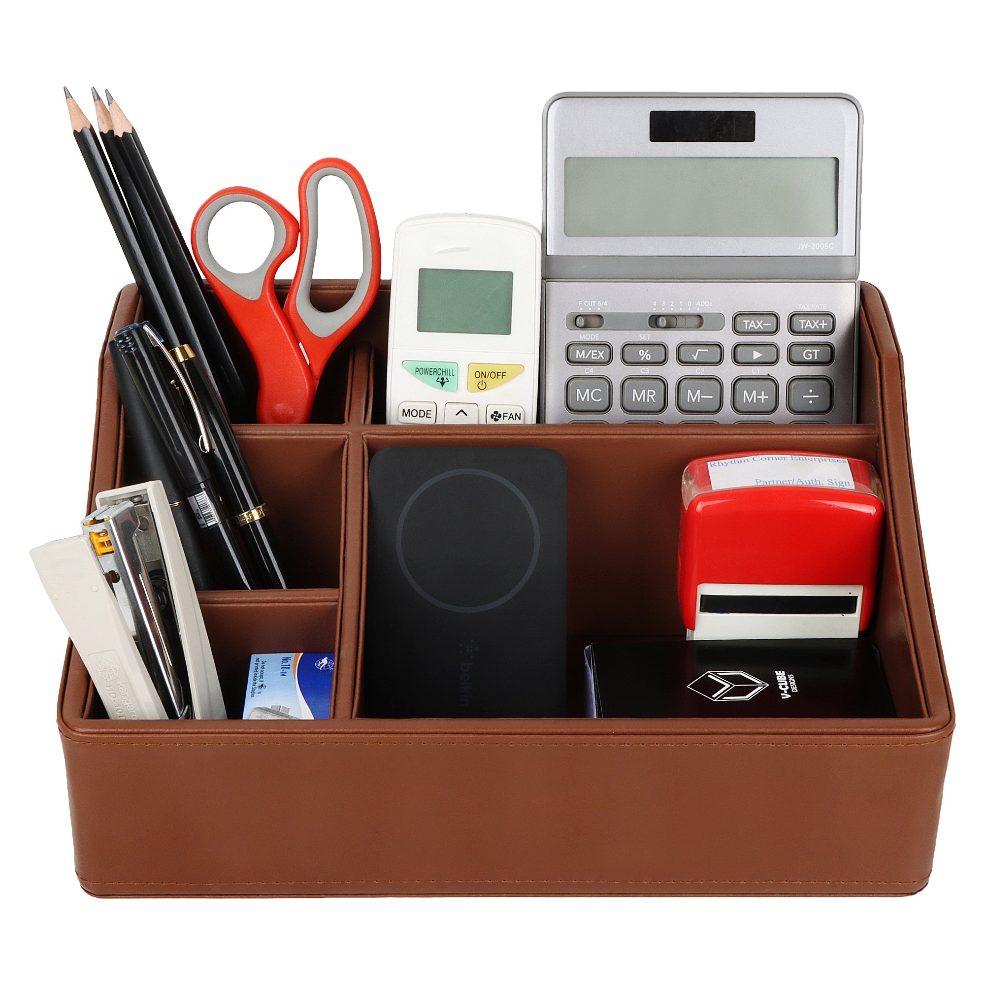 V-CUBE DESIGNS Premium Vegan Leather Desk Organizer - 5 Storage Compartments - Tan