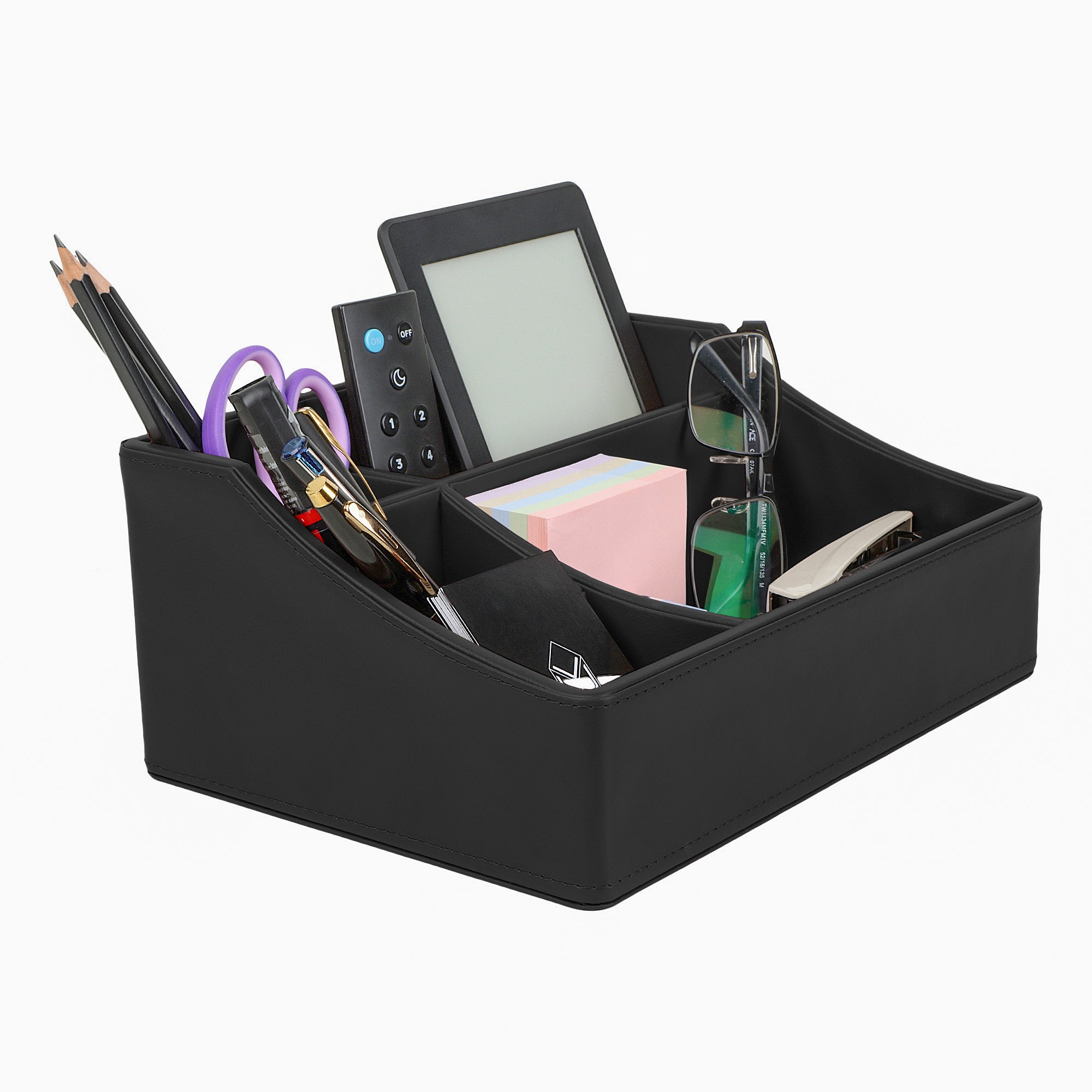 V-CUBE DESIGNS Premium Vegan Leather Desk Organizer - 4 Storage Compartments - Black