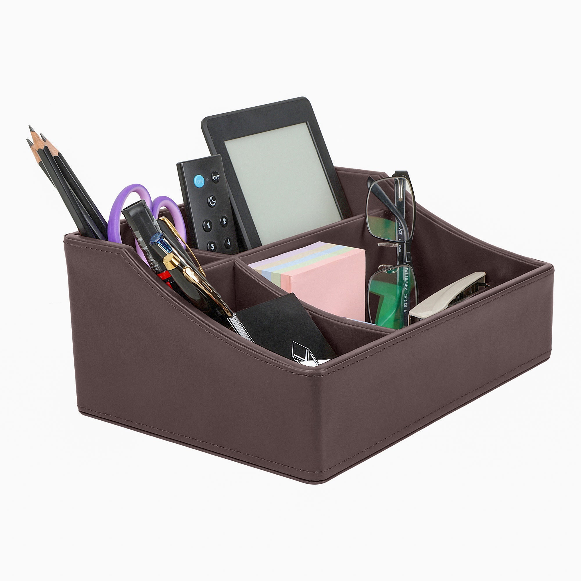 V-CUBE DESIGNS Premium Vegan Leather Desk Organizer - 4 Storage Compartments - Brown