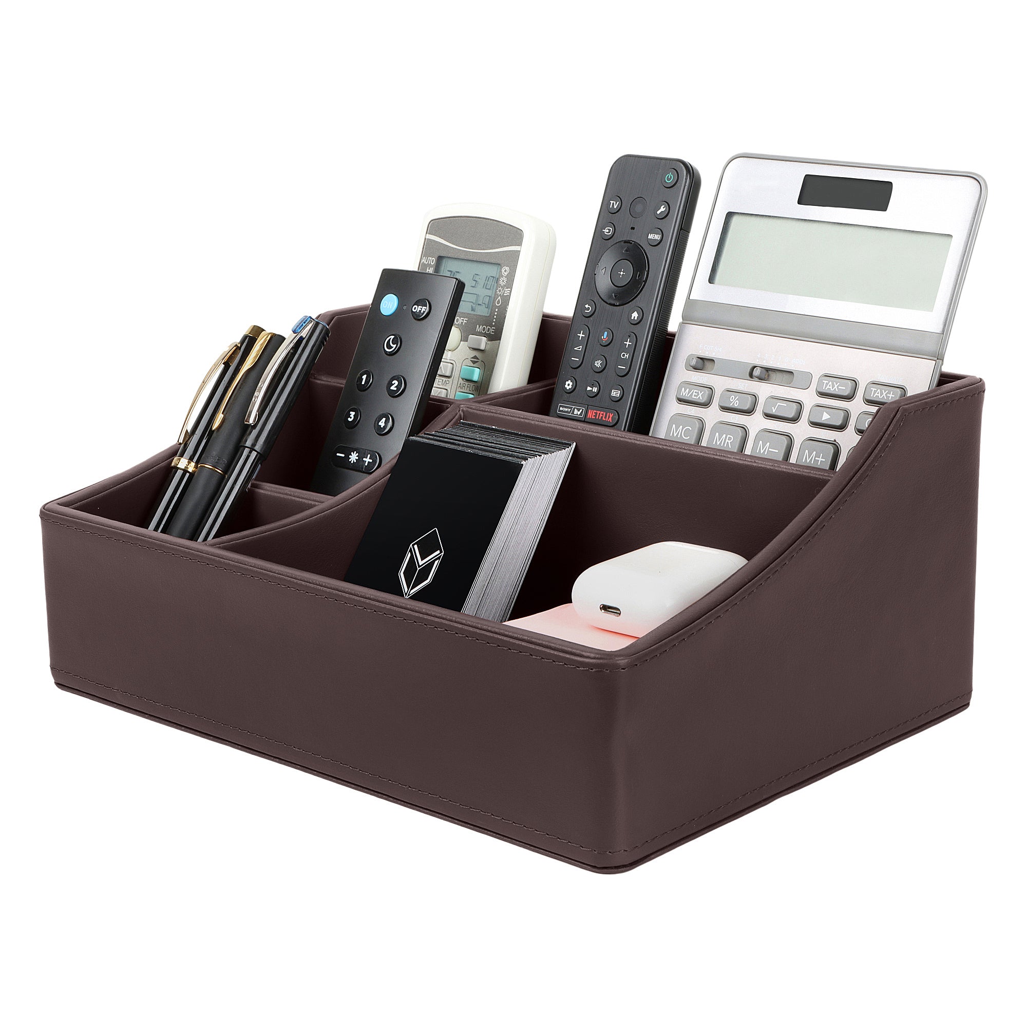 V-CUBE DESIGNS Premium Vegan Leather Desk Organizer - 5 Storage Compartments - Brown