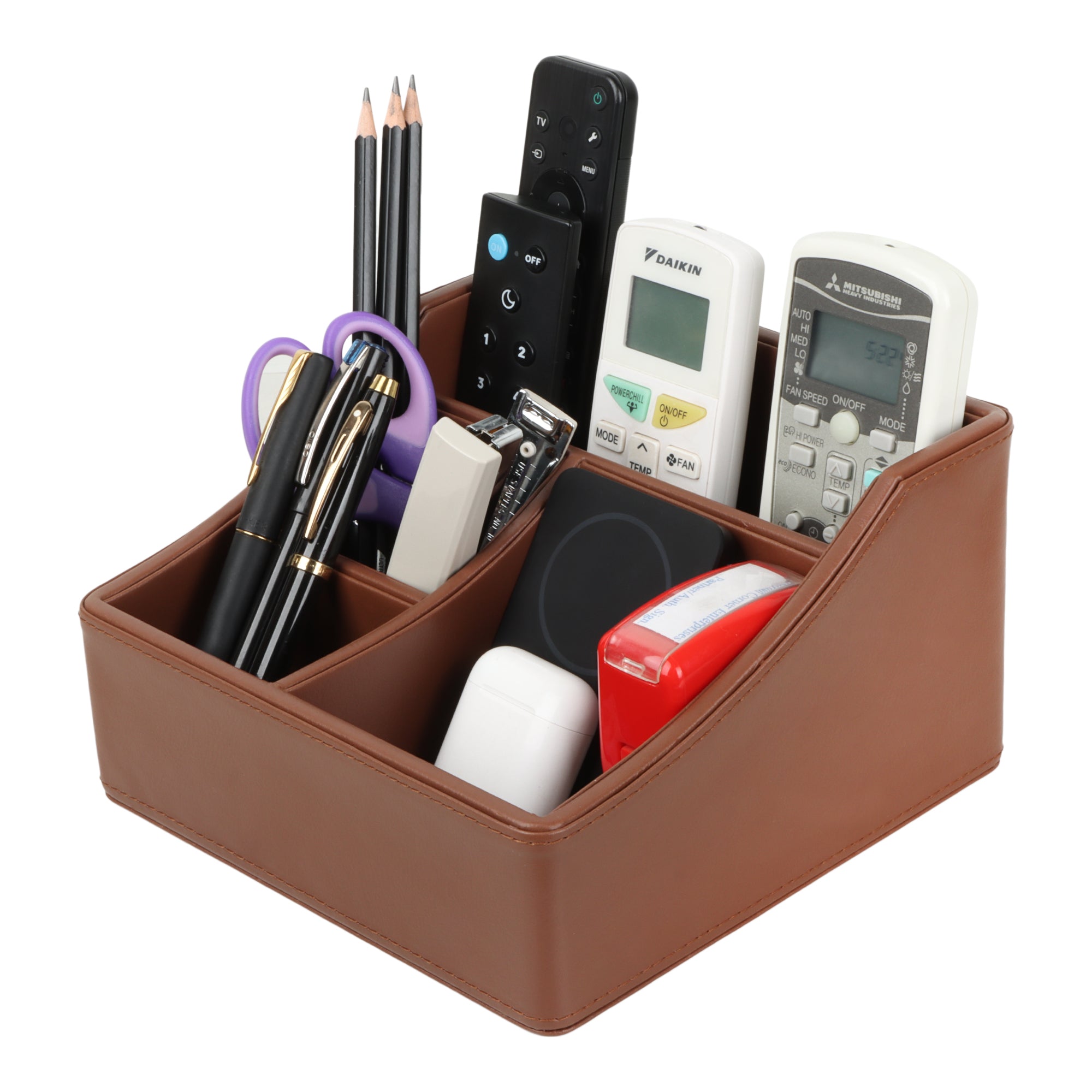 V-CUBE DESIGNS Premium Vegan Leather Desk Organizer - 4 Storage Compartments -Tan
