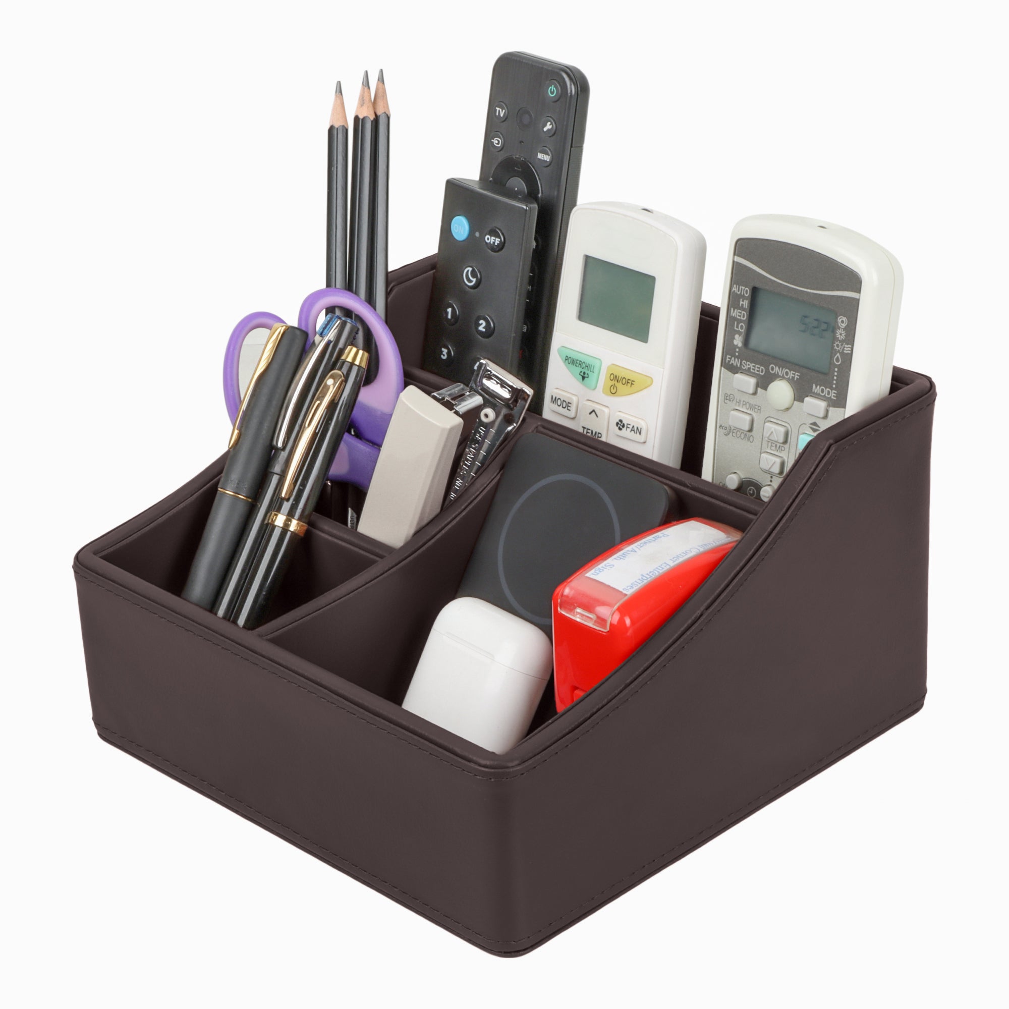 V-CUBE DESIGNS Premium Vegan Leather Desk Organizer - 4 Storage Compartments - Brown