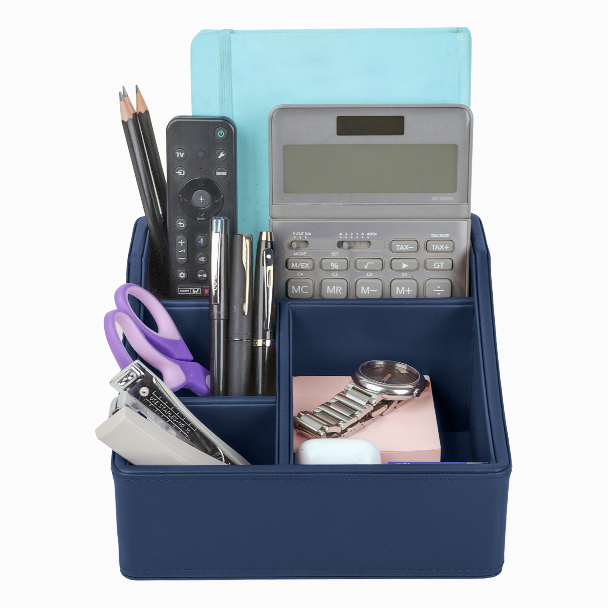 V-CUBE DESIGNS Premium Vegan Leather Desk Organizer - 4 Storage Compartments - Navy Blue
