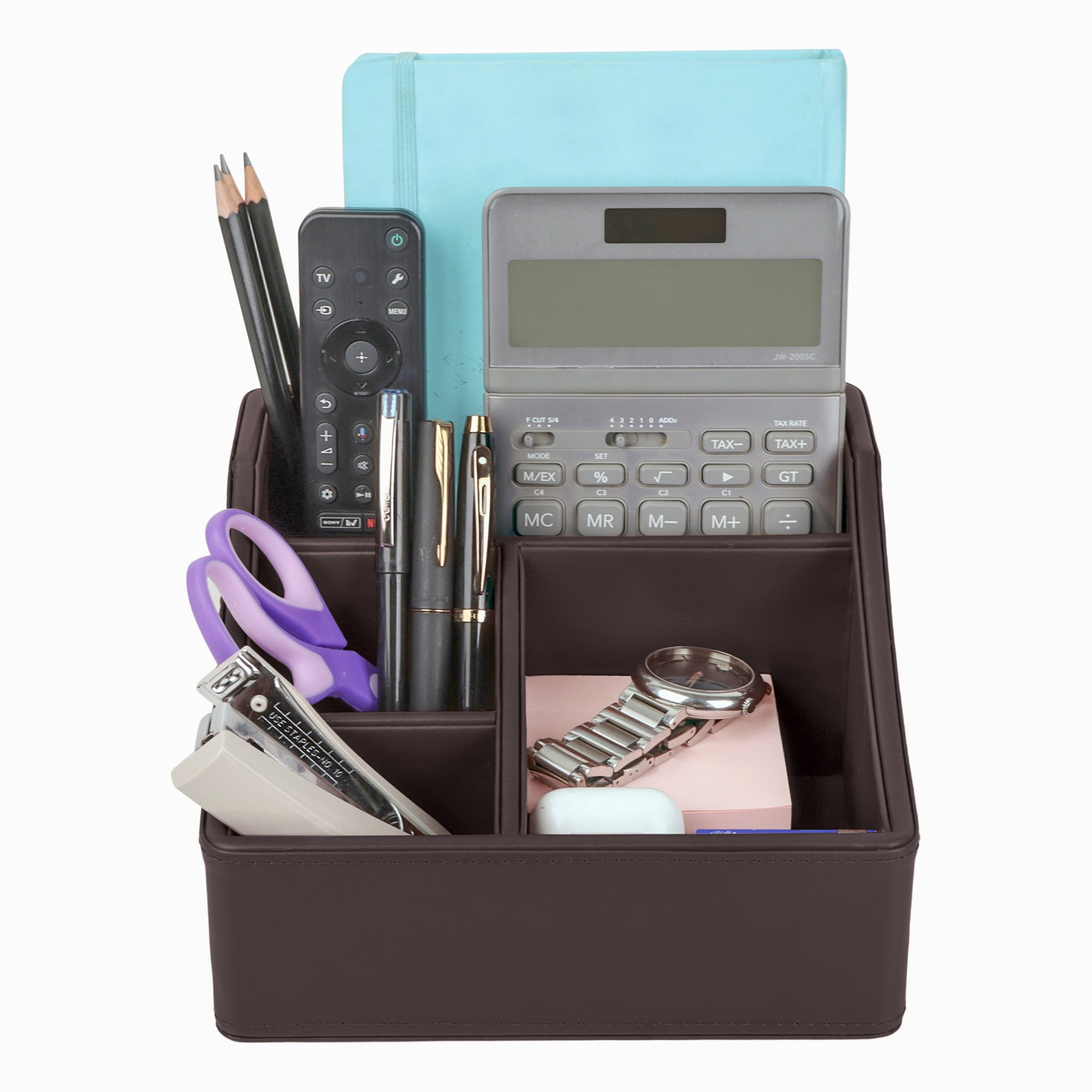V-CUBE DESIGNS Premium Vegan Leather Desk Organizer - 4 Storage Compartments - Brown