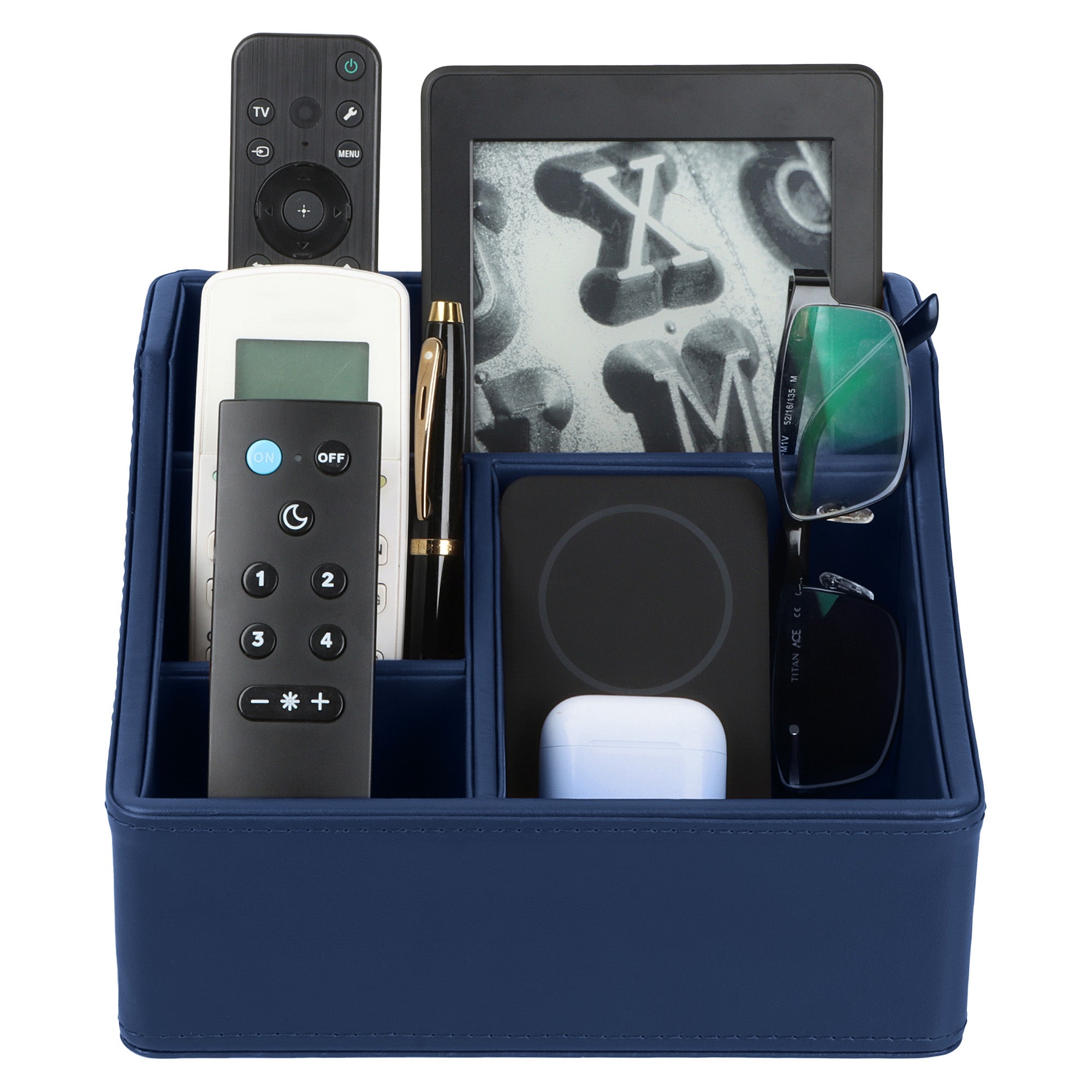 V-CUBE DESIGNS Premium Vegan Leather Desk Organizer - 4 Storage Compartments - Navy Blue