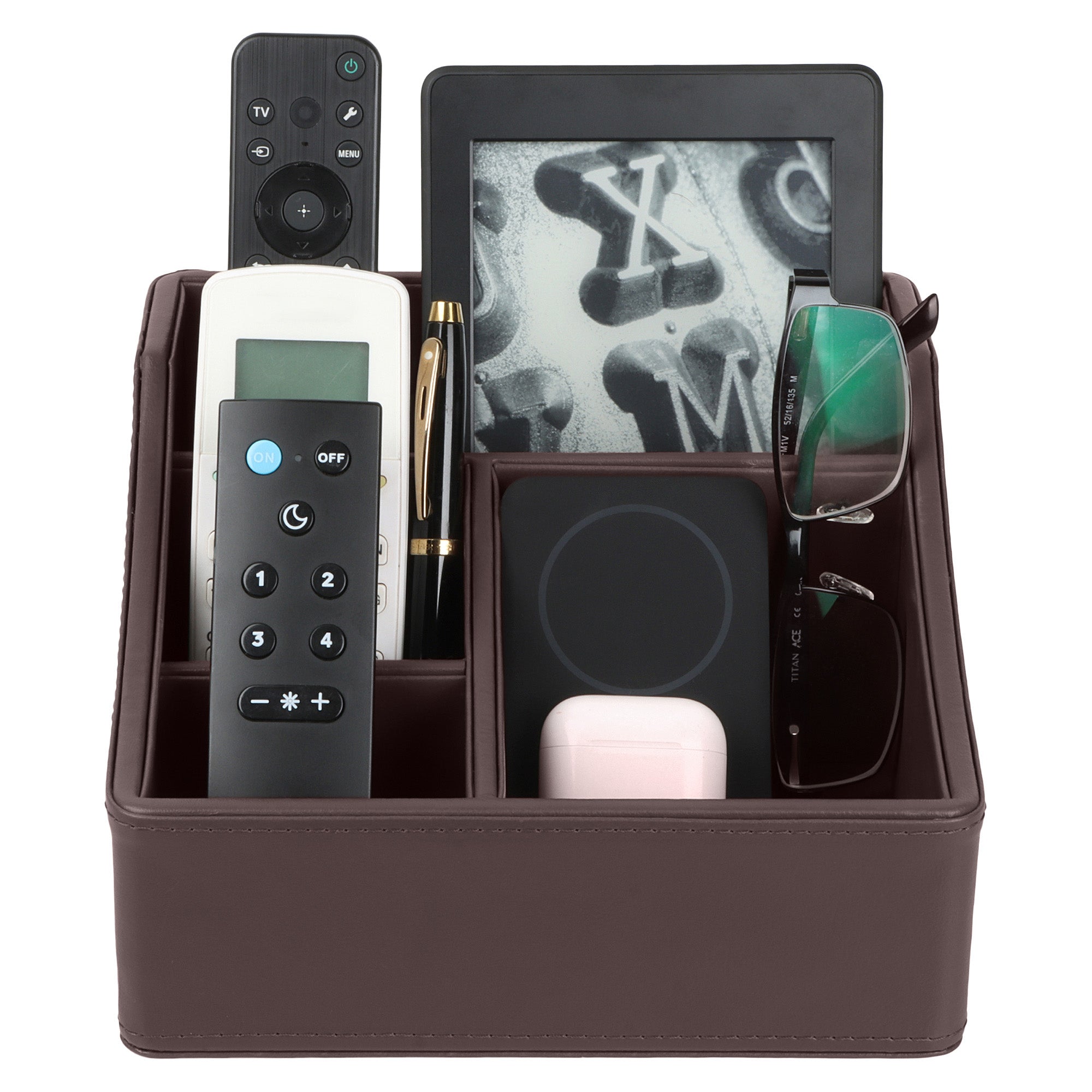 V-CUBE DESIGNS Premium Vegan Leather Desk Organizer - 4 Storage Compartments - Brown
