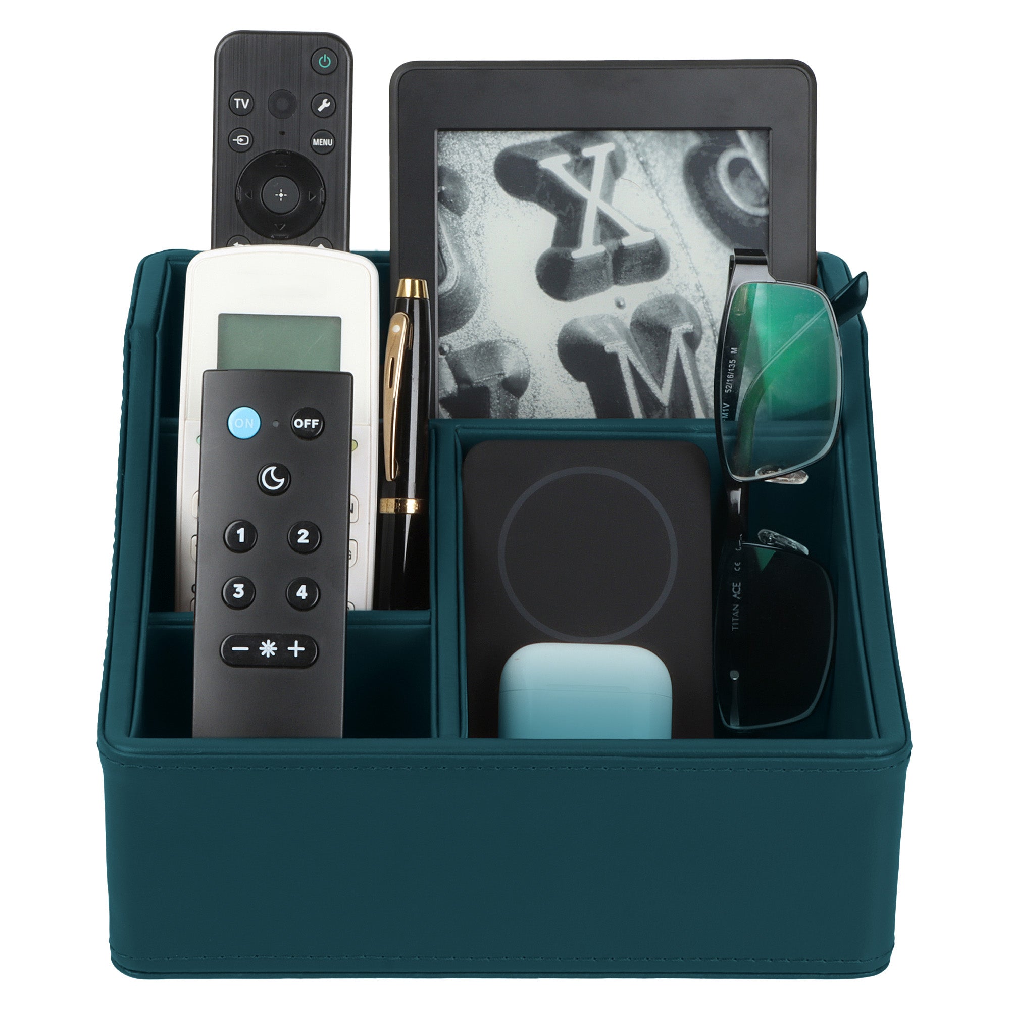 V-CUBE DESIGNS Premium Vegan Leather Desk Organizer - 4 Storage Compartments - Deep Teal