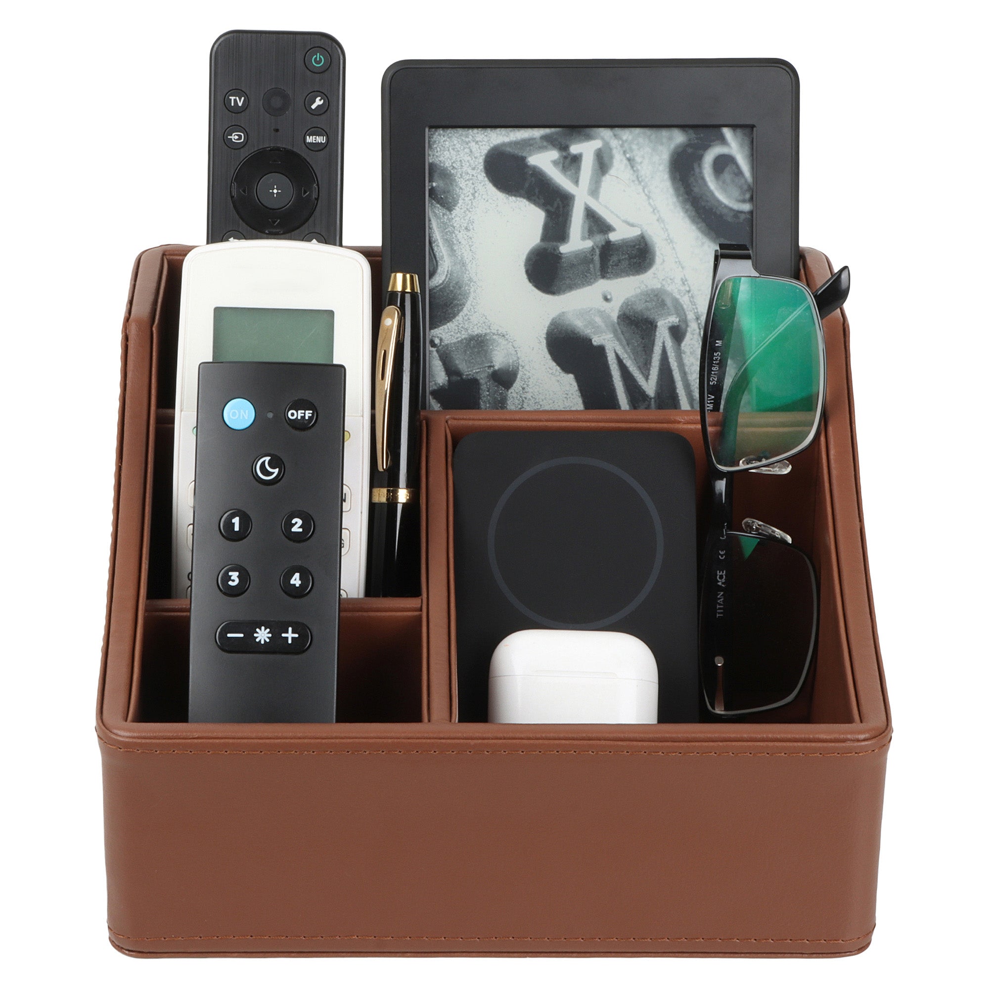 V-CUBE DESIGNS Premium Vegan Leather Desk Organizer - 4 Storage Compartments -Tan