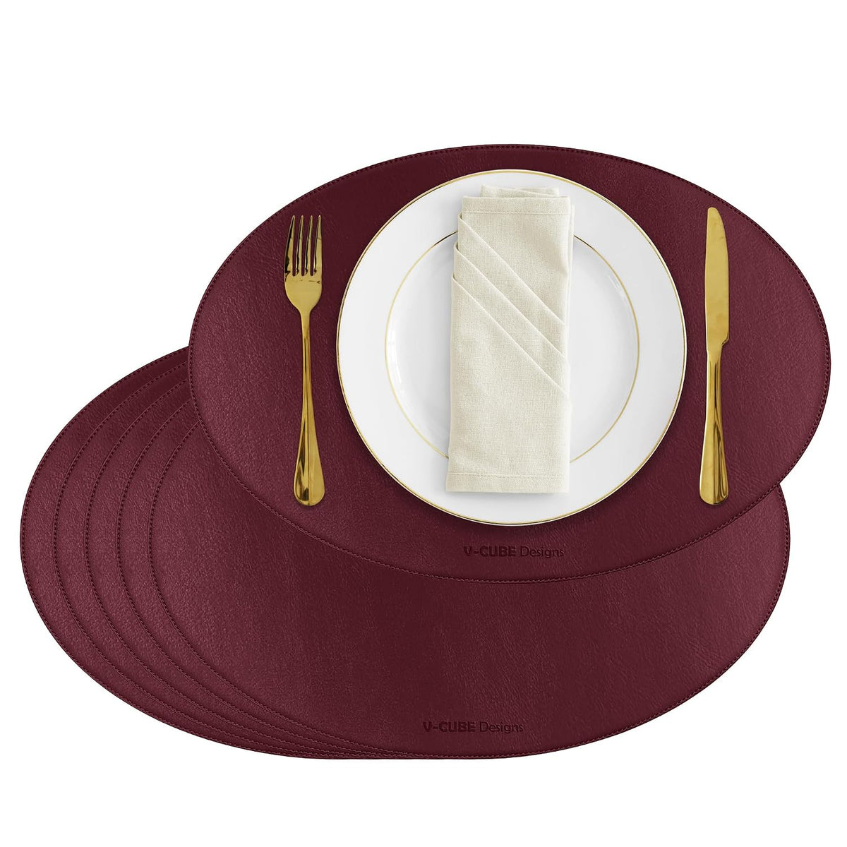 V-CUBE Designs Premium Vegan Leather Dining Table Placemats Set of 6 - Maroon