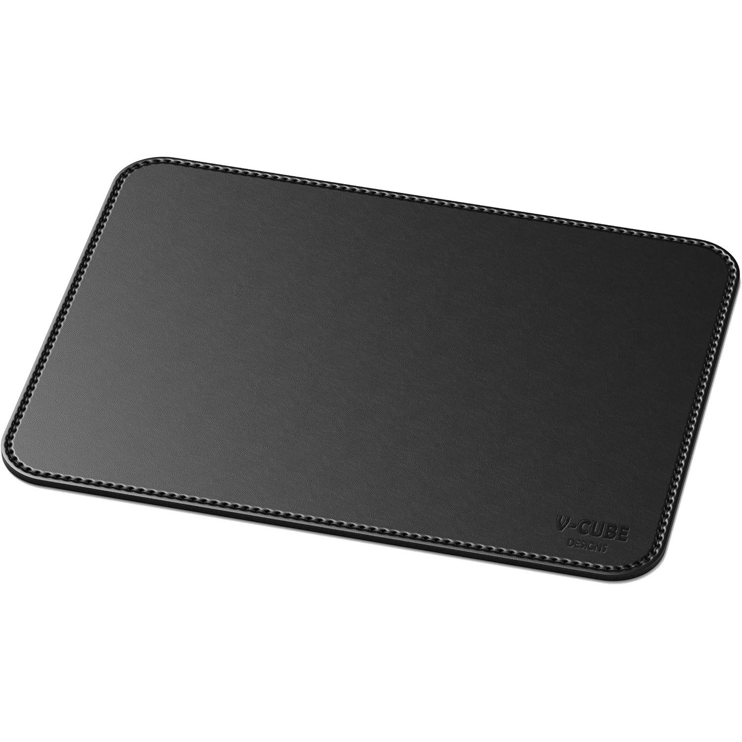 Close-up of fine border stitching and smooth texture on a vegan leather mouse pad.